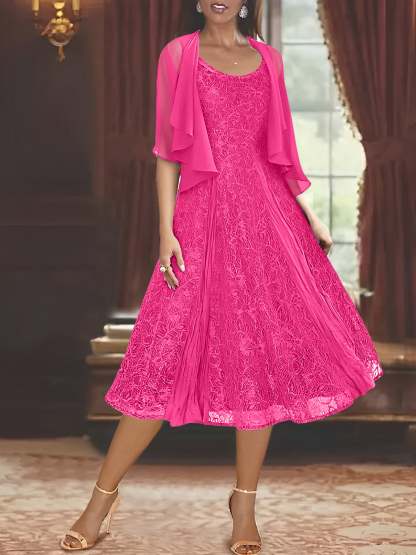 Princess A-Line Tea-Length Mother of the Bride Dress with Scoop Neck Half Sleeves Appliques and Jacket