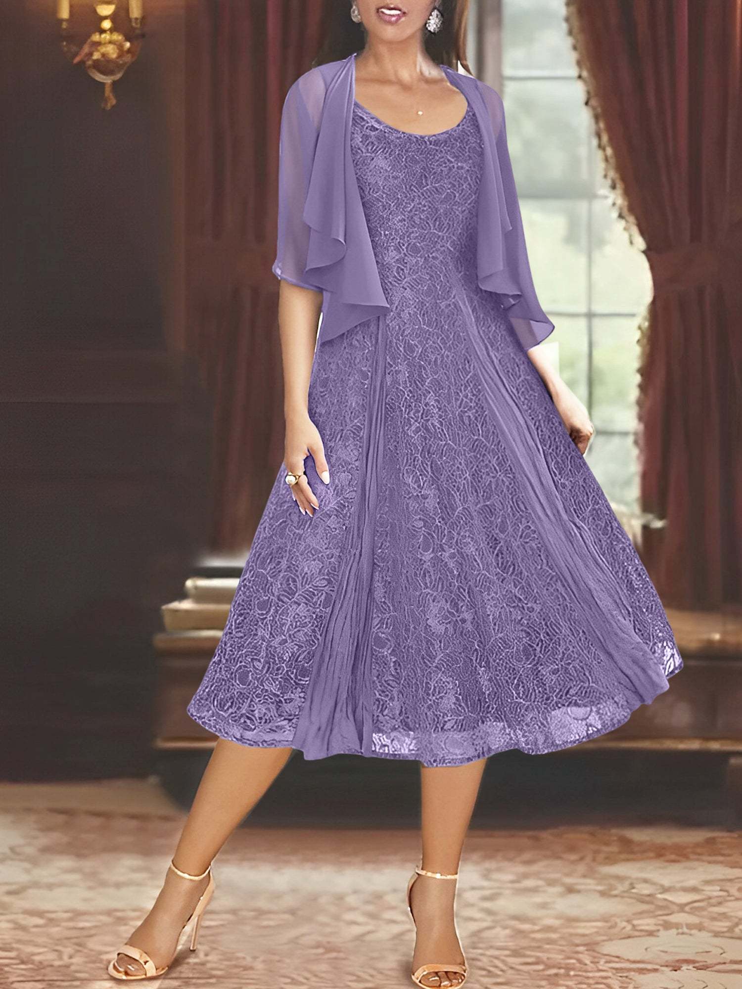 Princess A-Line Tea-Length Mother of the Bride Dress with Scoop Neck Half Sleeves Appliques and Jacket