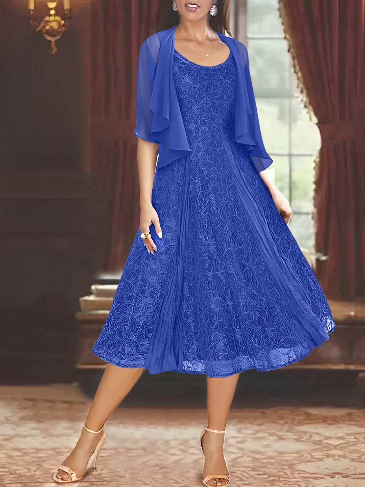 Princess A-Line Tea-Length Mother of the Bride Dress with Scoop Neck Half Sleeves Appliques and Jacket