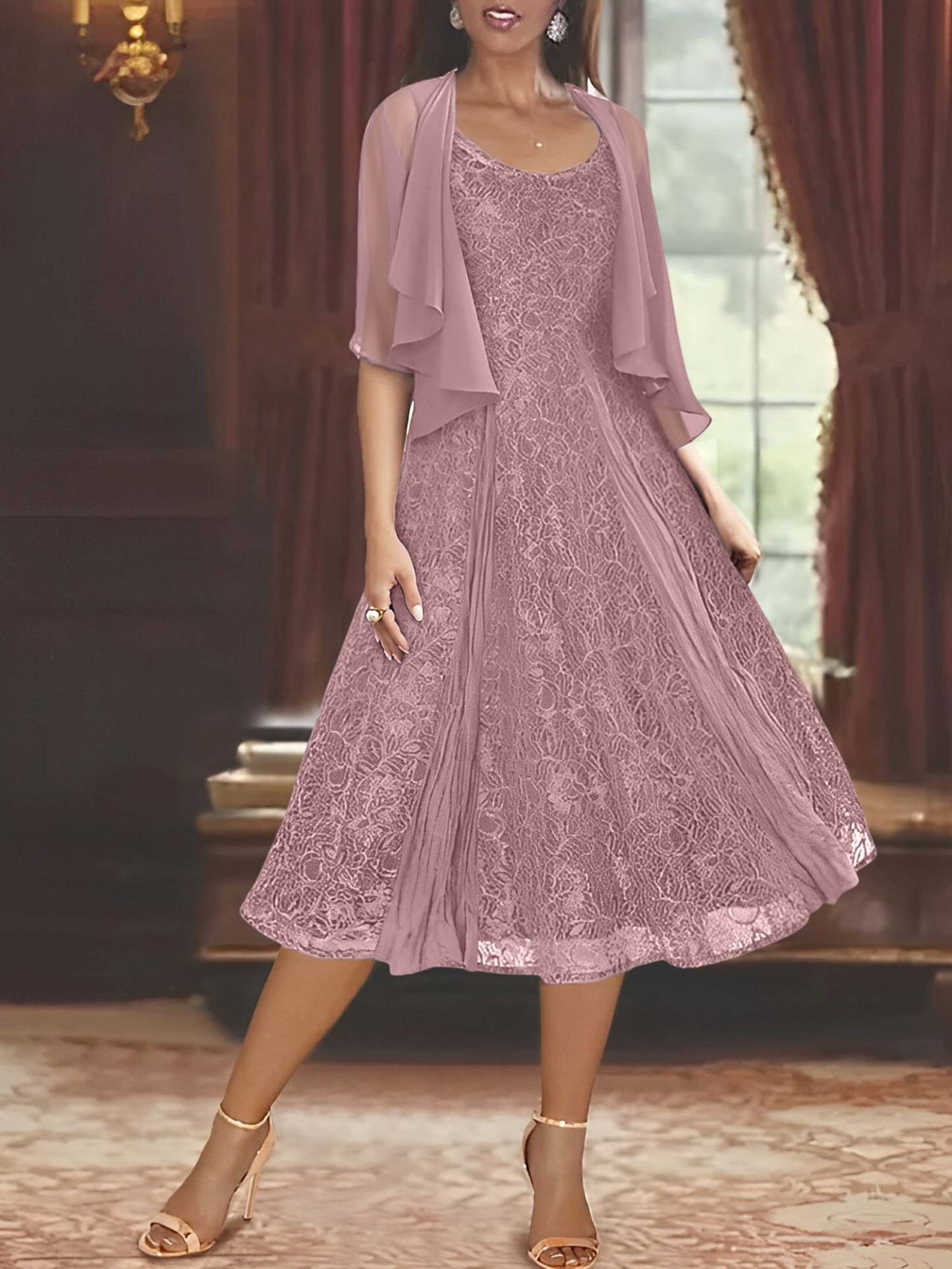 Princess A-Line Tea-Length Mother of the Bride Dress with Scoop Neck Half Sleeves Appliques and Jacket