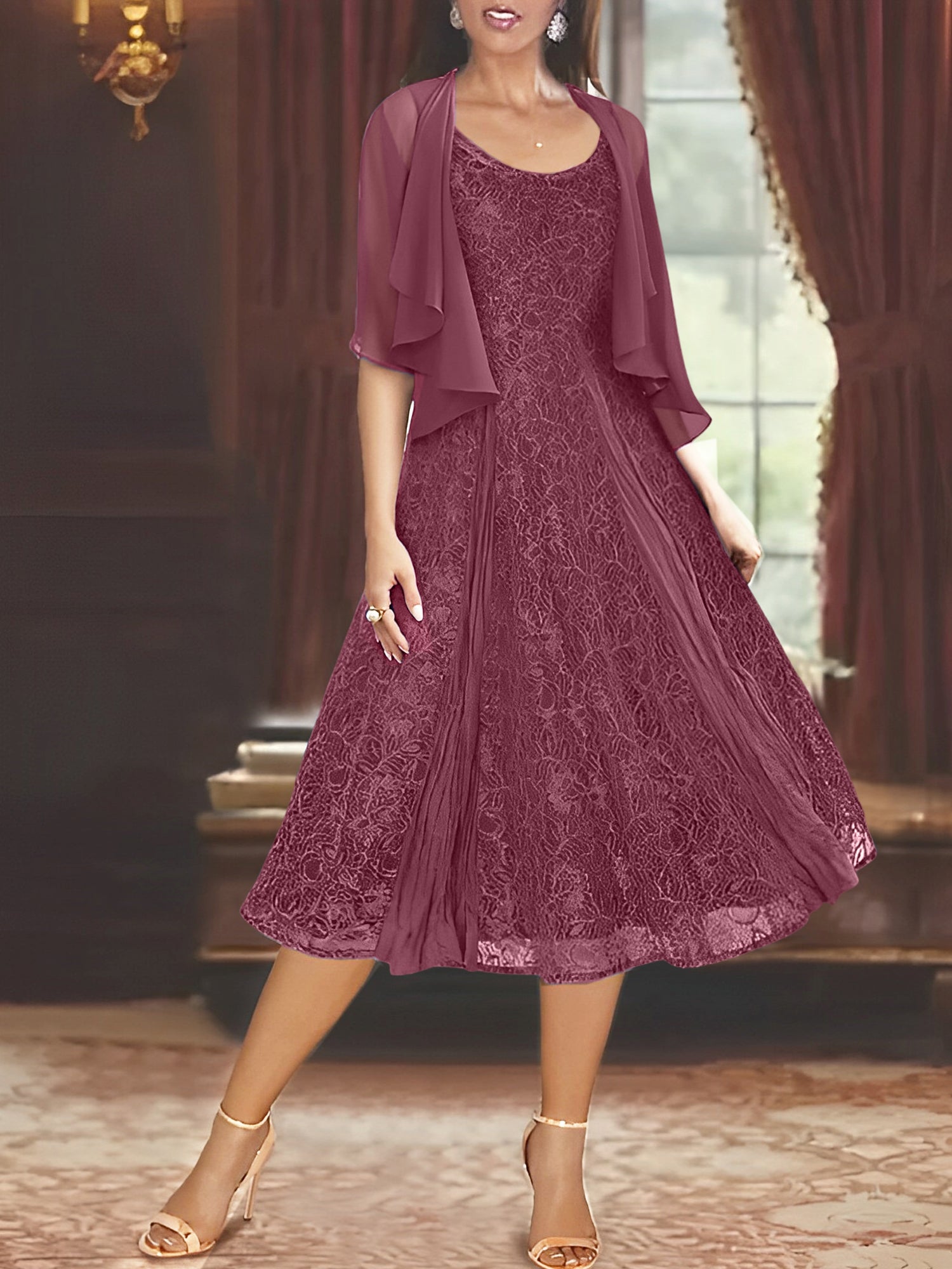 Princess A-Line Tea-Length Mother of the Bride Dress with Scoop Neck Half Sleeves Appliques and Jacket