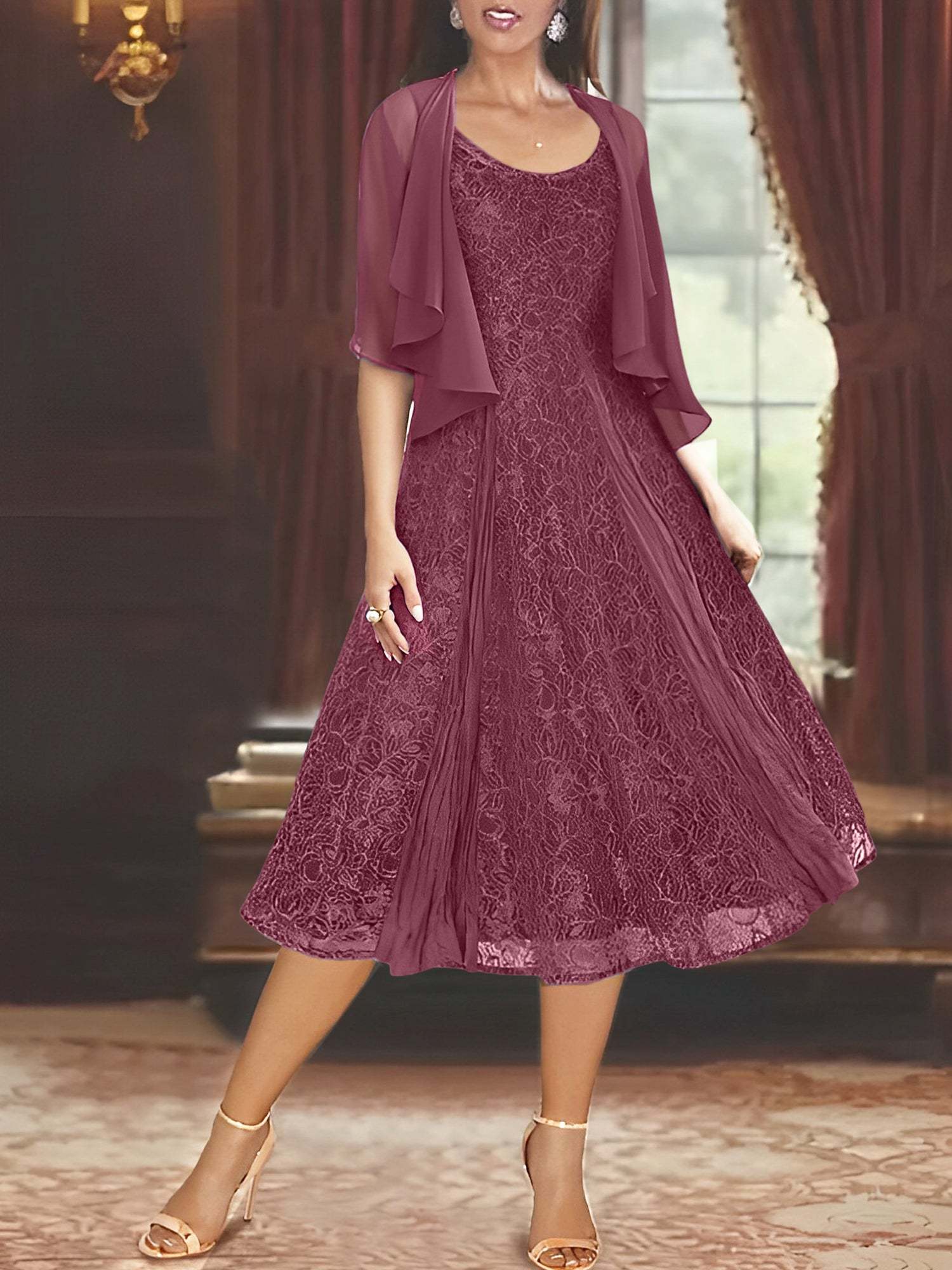 Princess A-Line Tea-Length Mother of the Bride Dress with Scoop Neck Half Sleeves Appliques and Jacket