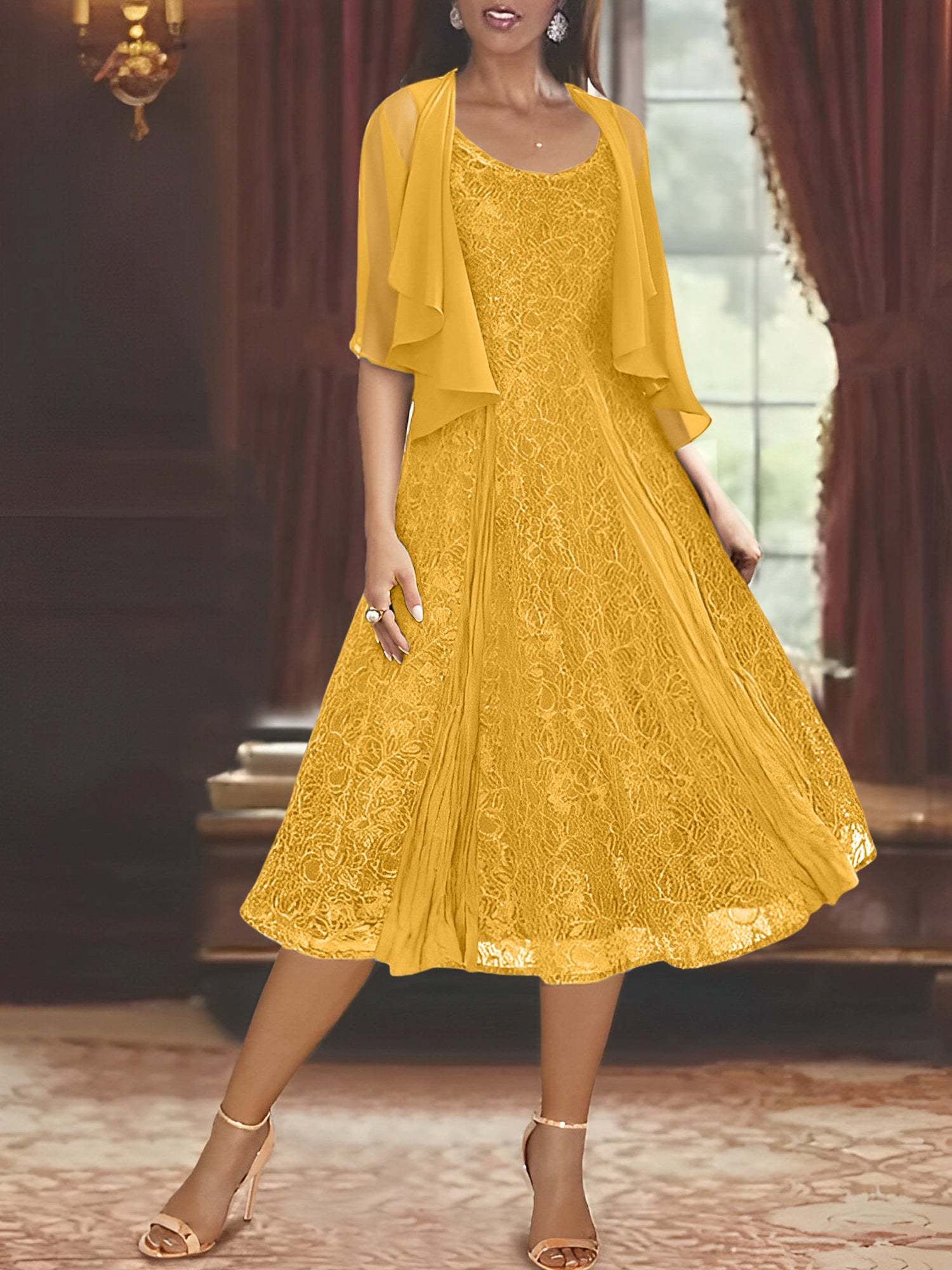 Princess A-Line Tea-Length Mother of the Bride Dress with Scoop Neck Half Sleeves Appliques and Jacket