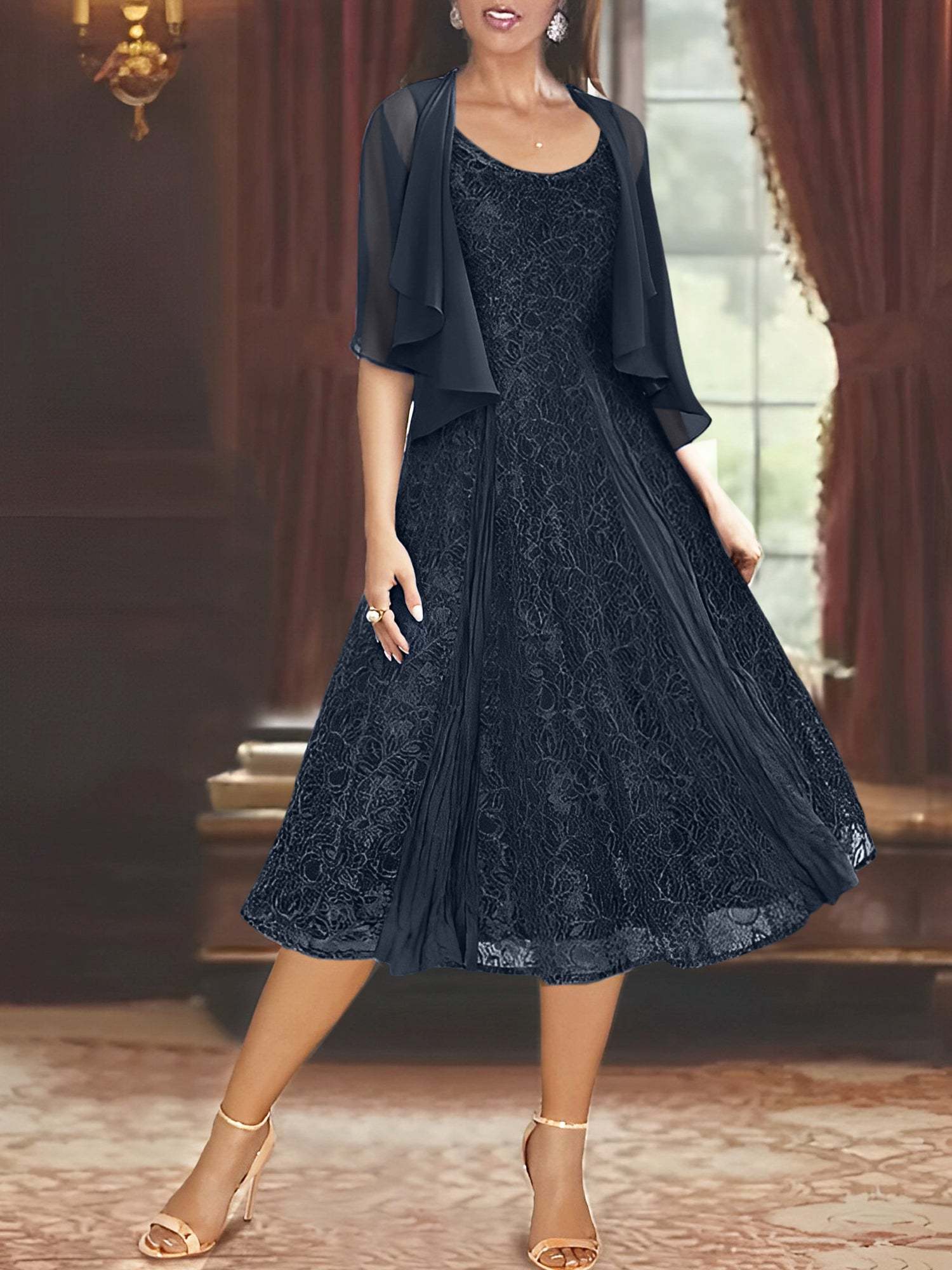 Princess A-Line Tea-Length Mother of the Bride Dress with Scoop Neck Half Sleeves Appliques and Jacket
