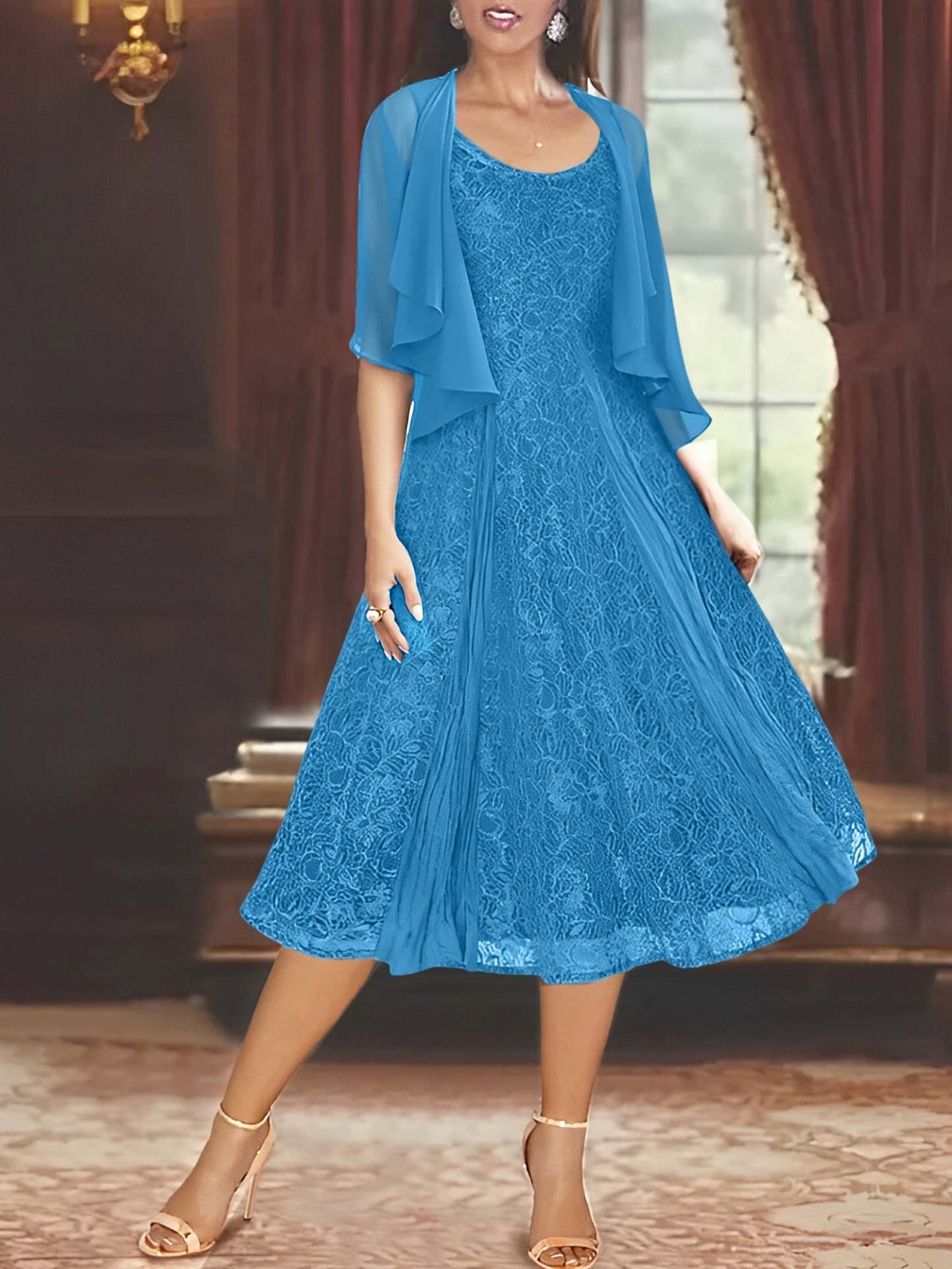 Princess A-Line Tea-Length Mother of the Bride Dress with Scoop Neck Half Sleeves Appliques and Jacket