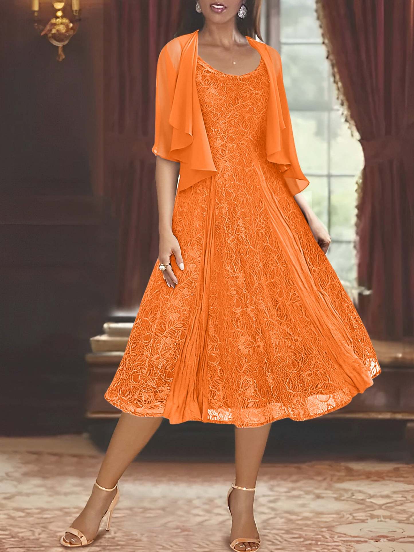 Princess A-Line Tea-Length Mother of the Bride Dress with Scoop Neck Half Sleeves Appliques and Jacket
