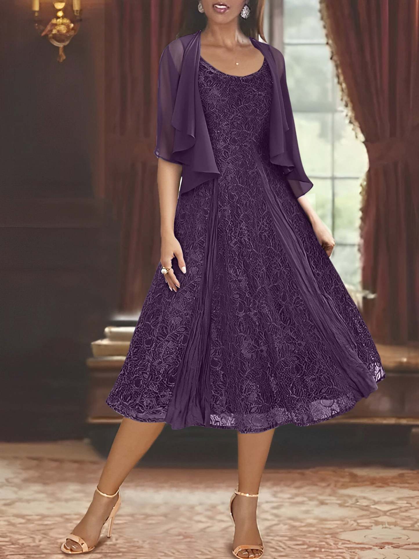 Princess A-Line Tea-Length Mother of the Bride Dress with Scoop Neck Half Sleeves Appliques and Jacket