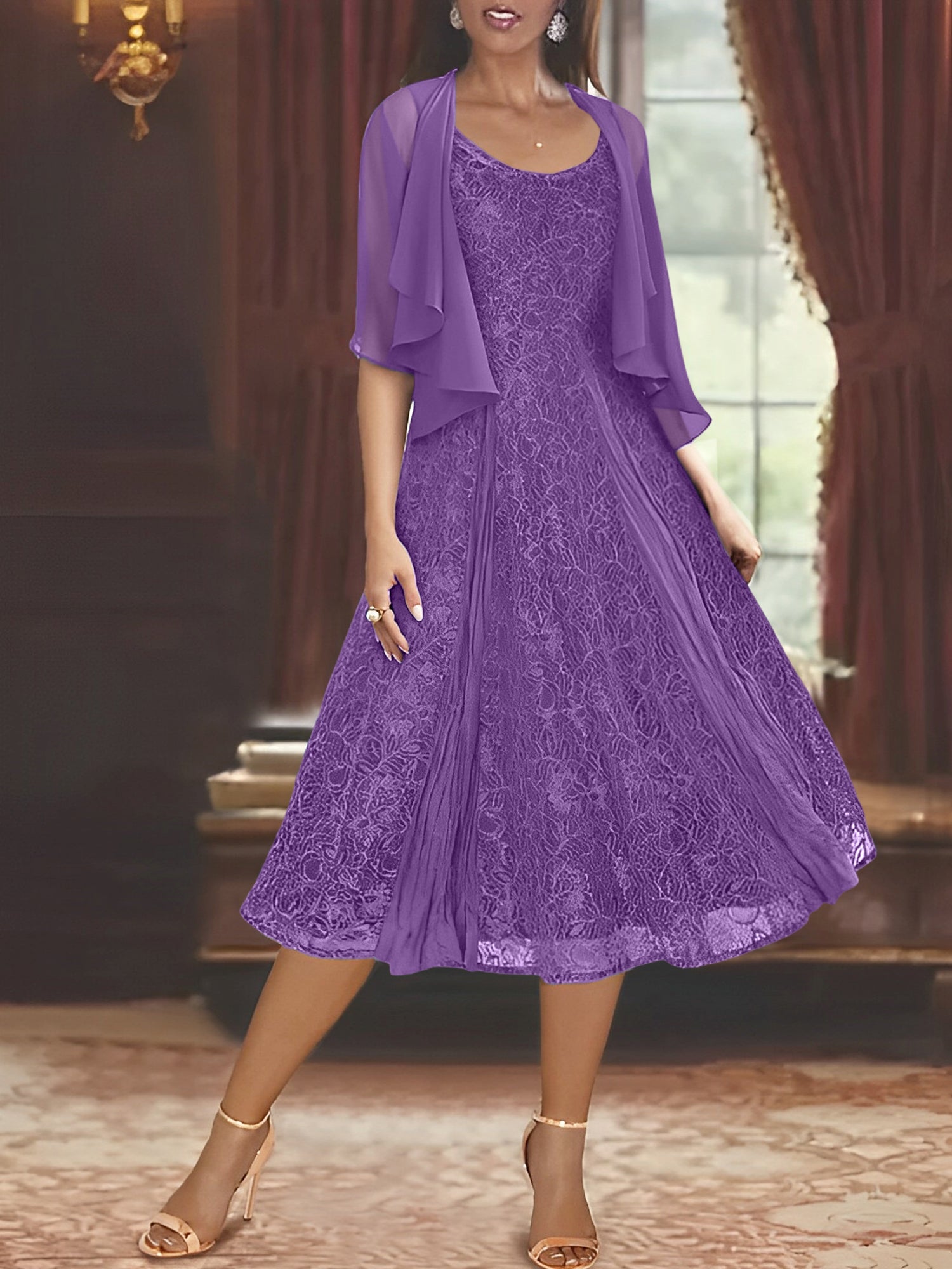 Princess A-Line Tea-Length Mother of the Bride Dress with Scoop Neck Half Sleeves Appliques and Jacket