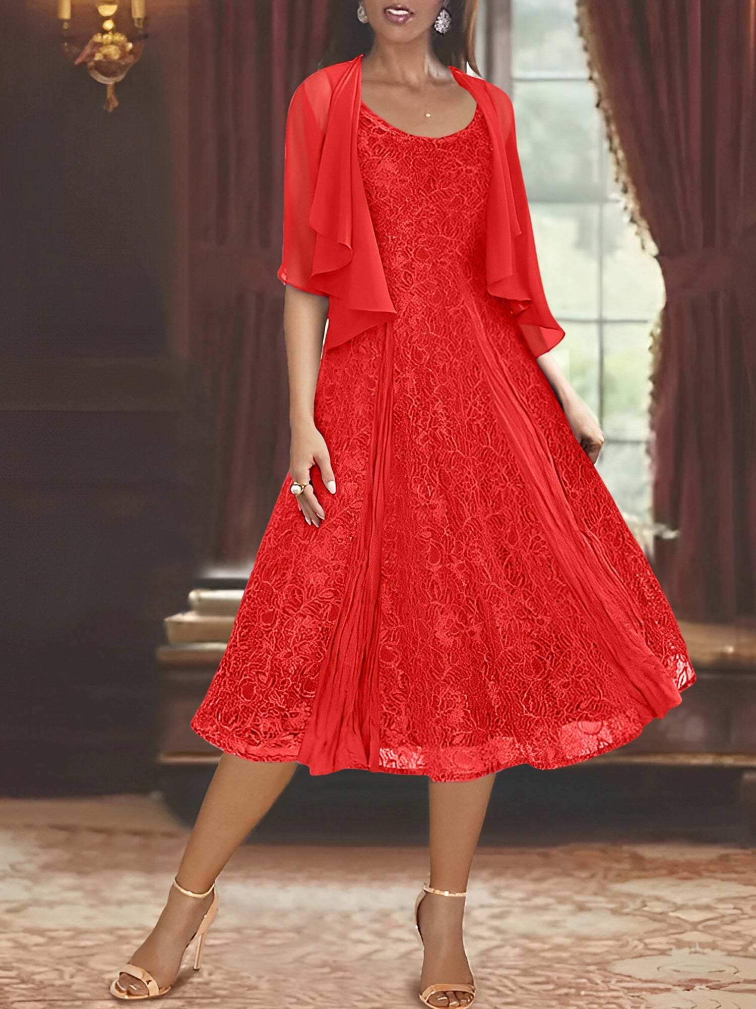Princess A-Line Tea-Length Mother of the Bride Dress with Scoop Neck Half Sleeves Appliques and Jacket