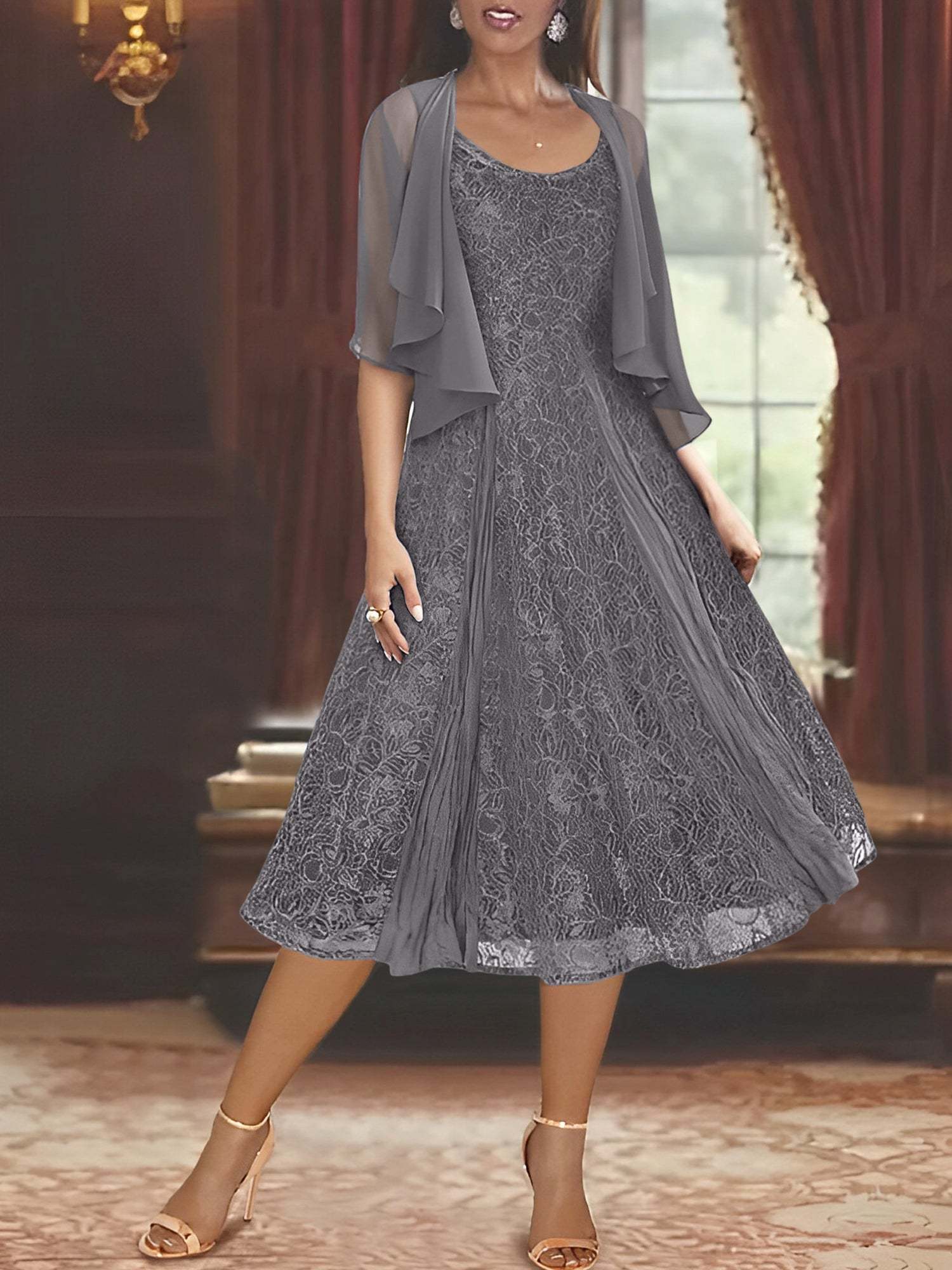 Princess A-Line Tea-Length Mother of the Bride Dress with Scoop Neck Half Sleeves Appliques and Jacket
