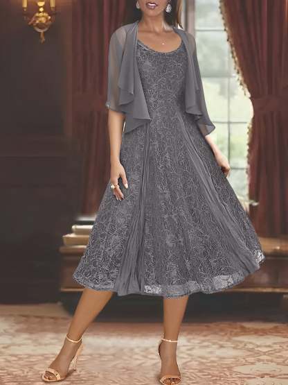 Princess A-Line Tea-Length Mother of the Bride Dress with Scoop Neck Half Sleeves Appliques and Jacket