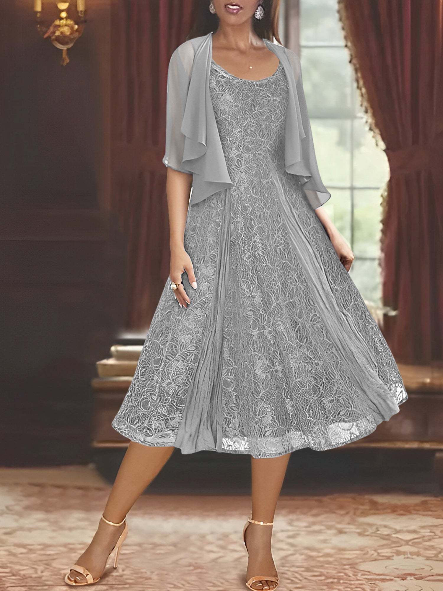 Princess A-Line Tea-Length Mother of the Bride Dress with Scoop Neck Half Sleeves Appliques and Jacket