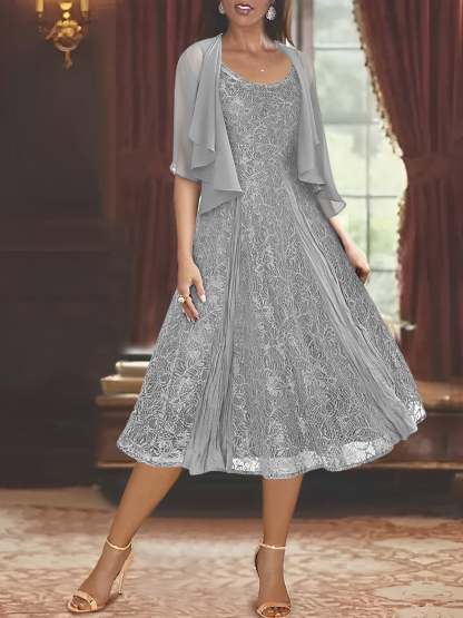 Princess A-Line Tea-Length Mother of the Bride Dress with Scoop Neck Half Sleeves Appliques and Jacket