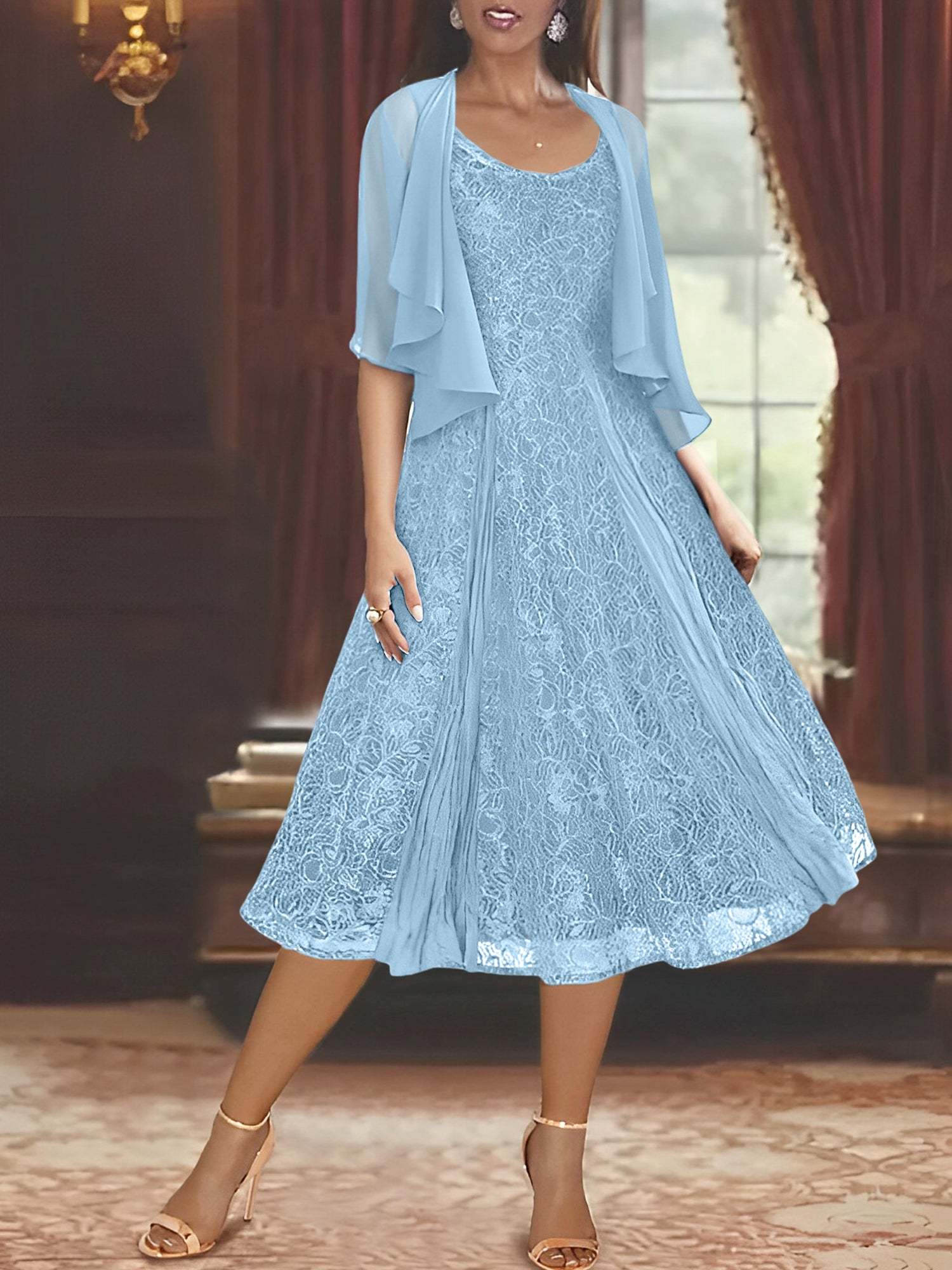 Princess A-Line Tea-Length Mother of the Bride Dress with Scoop Neck Half Sleeves Appliques and Jacket