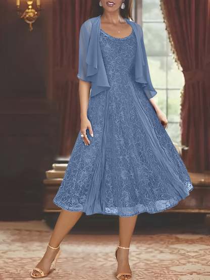 Princess A-Line Tea-Length Mother of the Bride Dress with Scoop Neck Half Sleeves Appliques and Jacket
