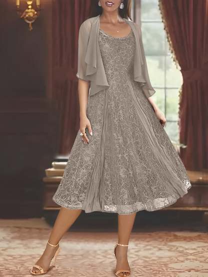 Princess A-Line Tea-Length Mother of the Bride Dress with Scoop Neck Half Sleeves Appliques and Jacket