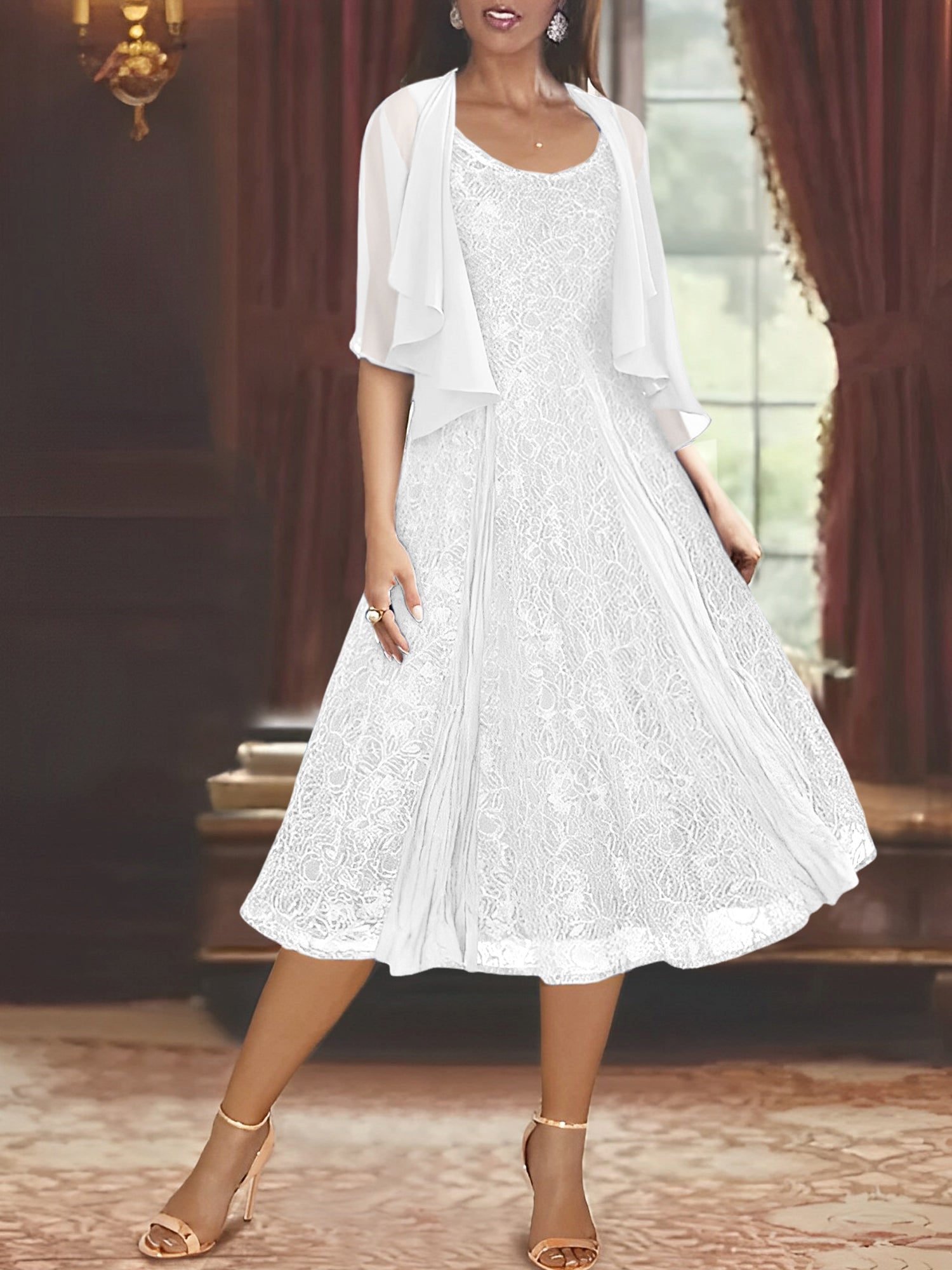 Princess A-Line Tea-Length Mother of the Bride Dress with Scoop Neck Half Sleeves Appliques and Jacket