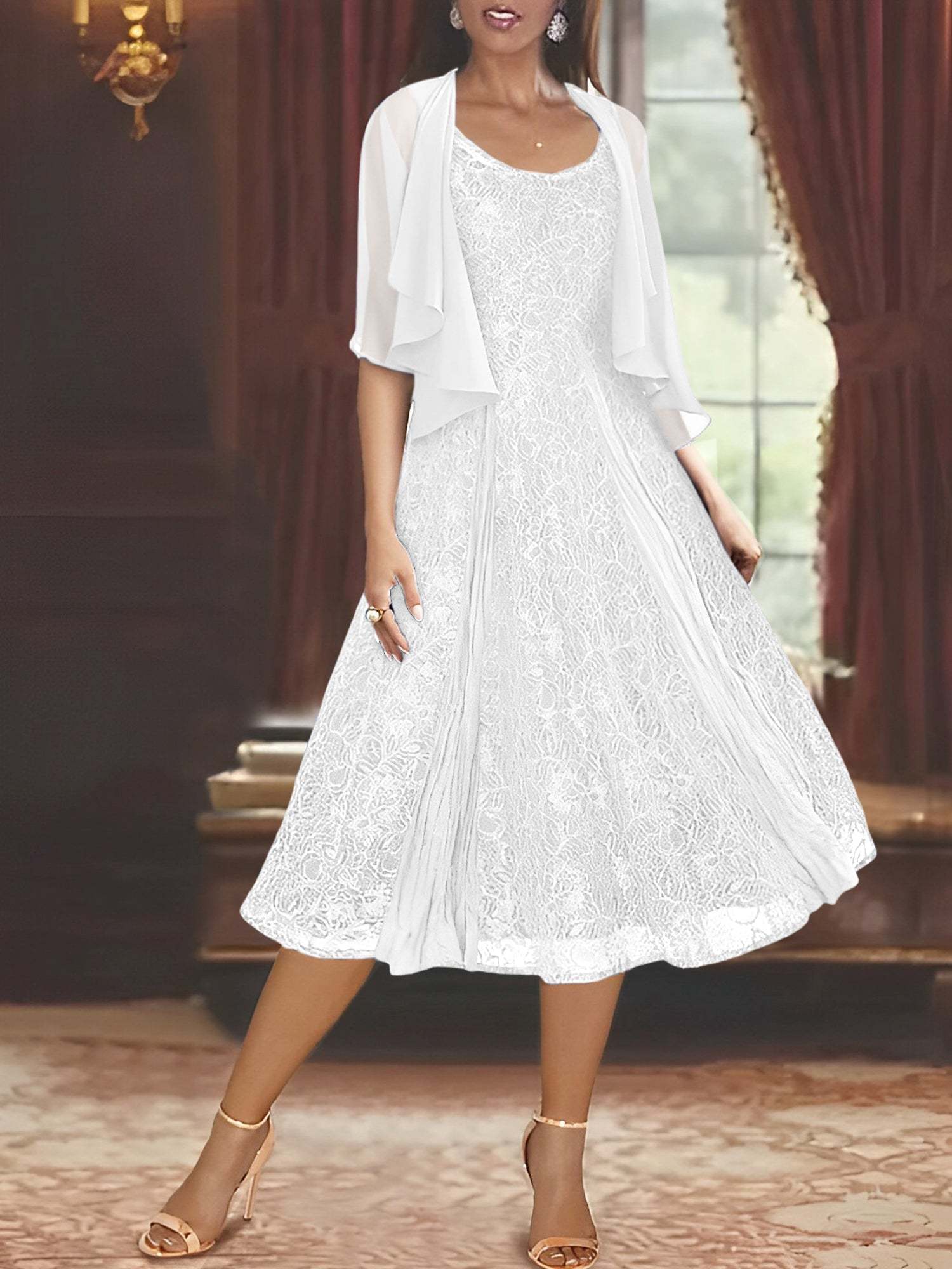 Princess A-Line Tea-Length Mother of the Bride Dress with Scoop Neck Half Sleeves Appliques and Jacket