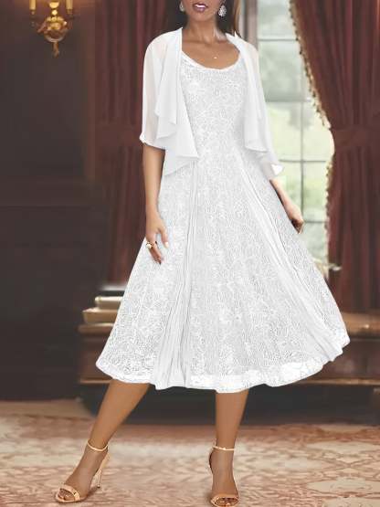 Princess A-Line Tea-Length Mother of the Bride Dress with Scoop Neck Half Sleeves Appliques and Jacket