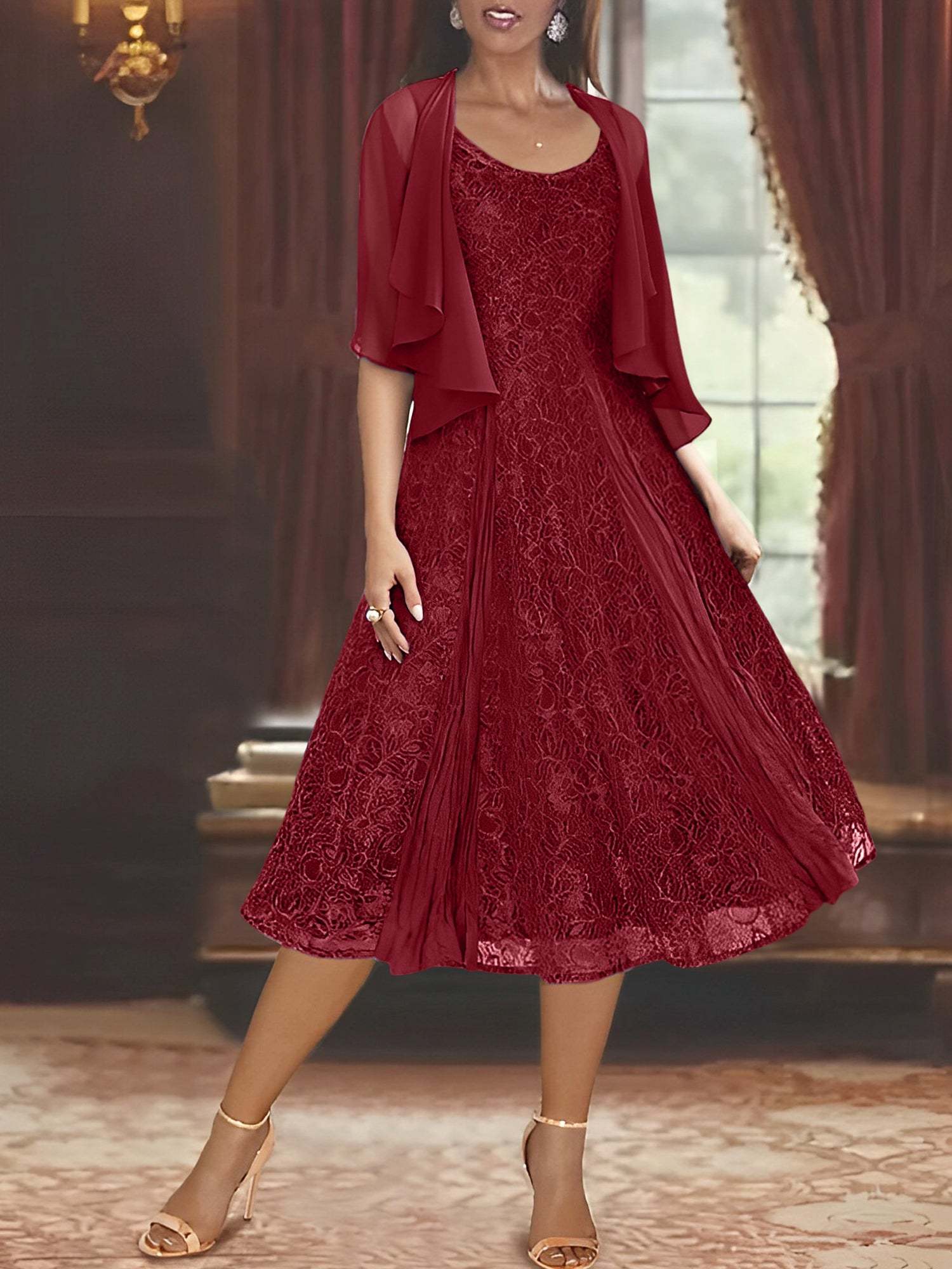 Princess A-Line Tea-Length Mother of the Bride Dress with Scoop Neck Half Sleeves Appliques and Jacket