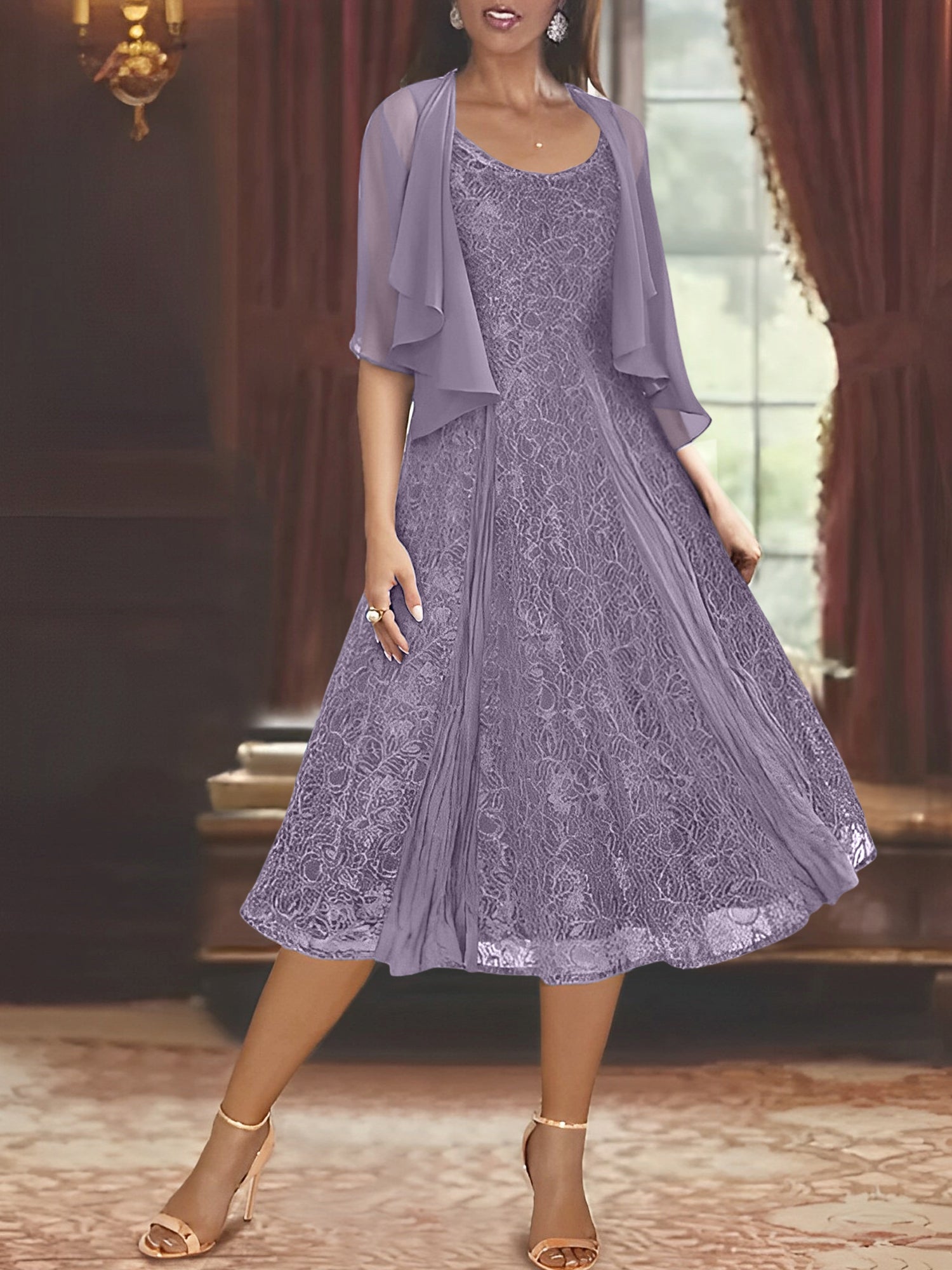 Princess A-Line Tea-Length Mother of the Bride Dress with Scoop Neck Half Sleeves Appliques and Jacket