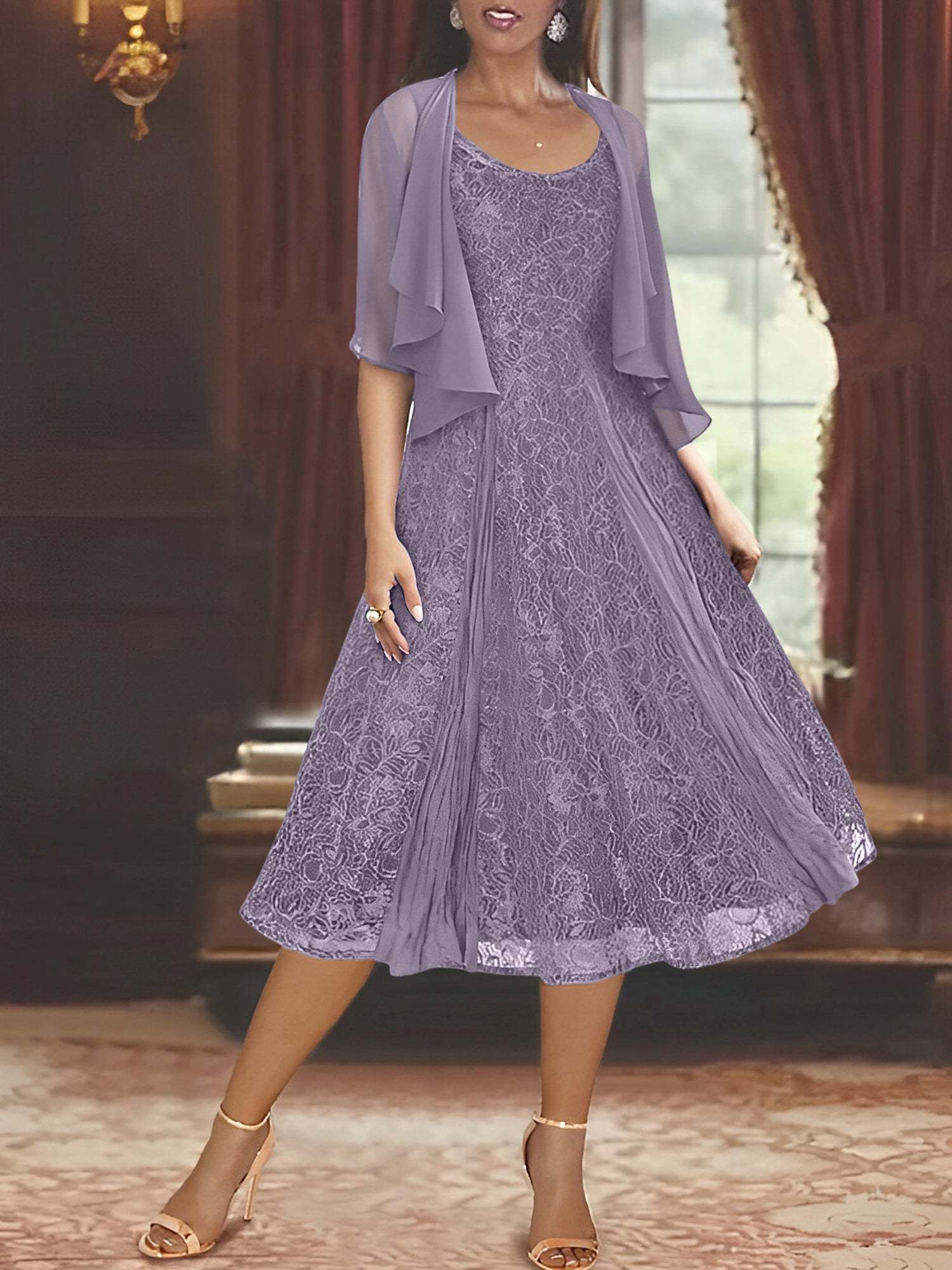 Princess A-Line Tea-Length Mother of the Bride Dress with Scoop Neck Half Sleeves Appliques and Jacket