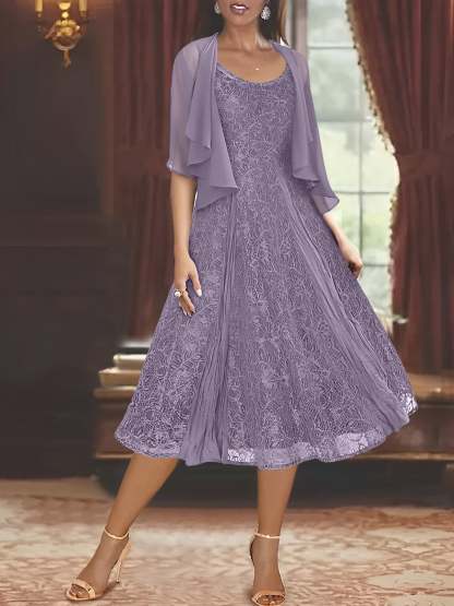 Princess A-Line Tea-Length Mother of the Bride Dress with Scoop Neck Half Sleeves Appliques and Jacket