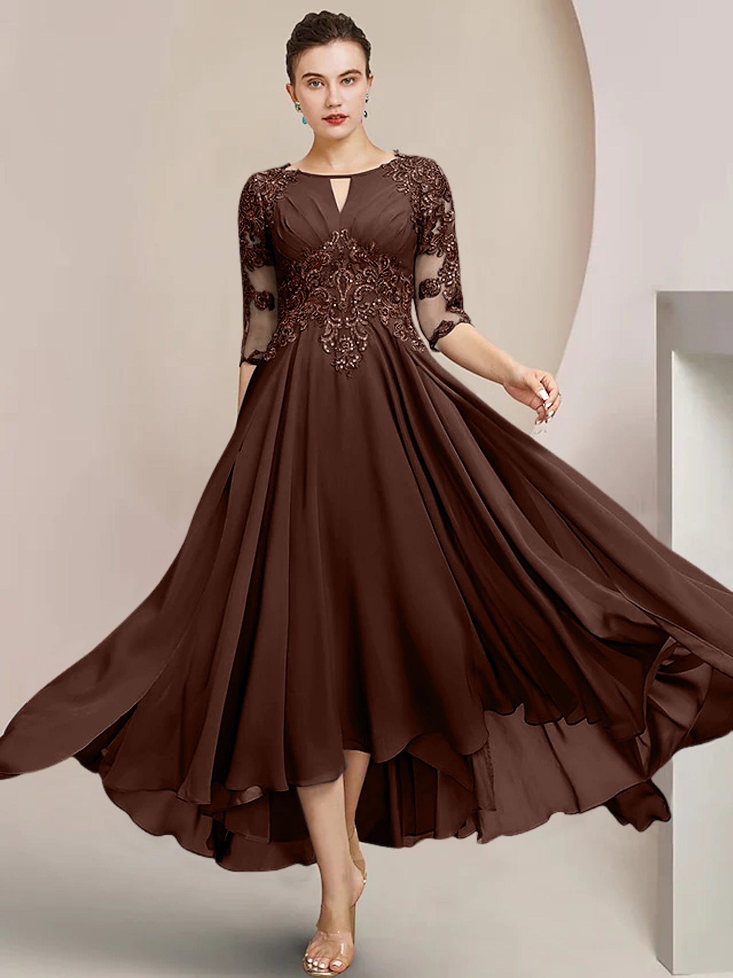 Scoop Neck Tea-Length A-Line Mother of the Bride Princess Dress