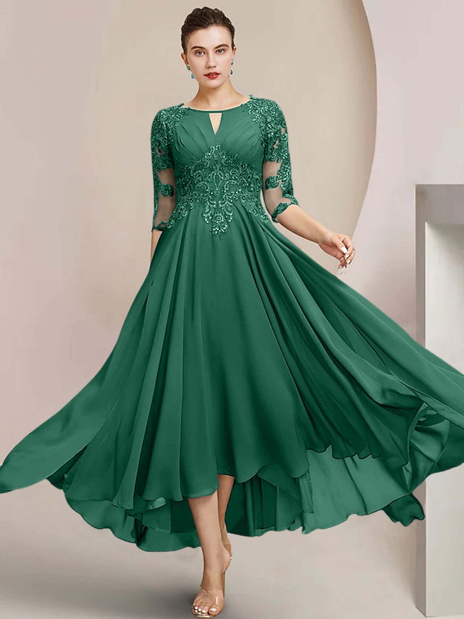 Scoop Neck Tea-Length A-Line Mother of the Bride Princess Dress