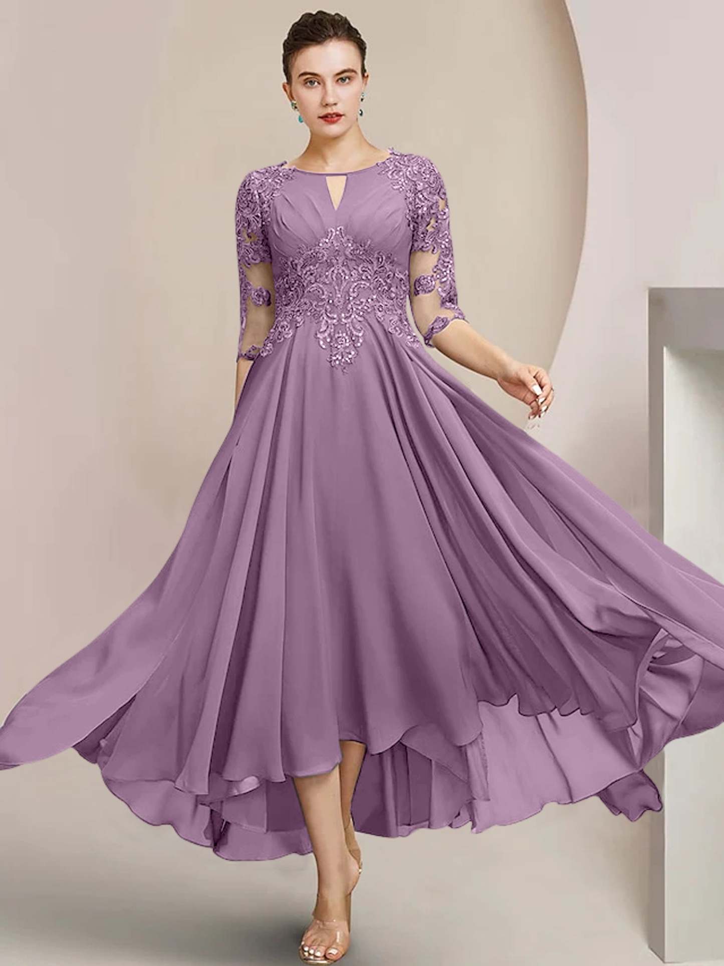 Scoop Neck Tea-Length A-Line Mother of the Bride Princess Dress