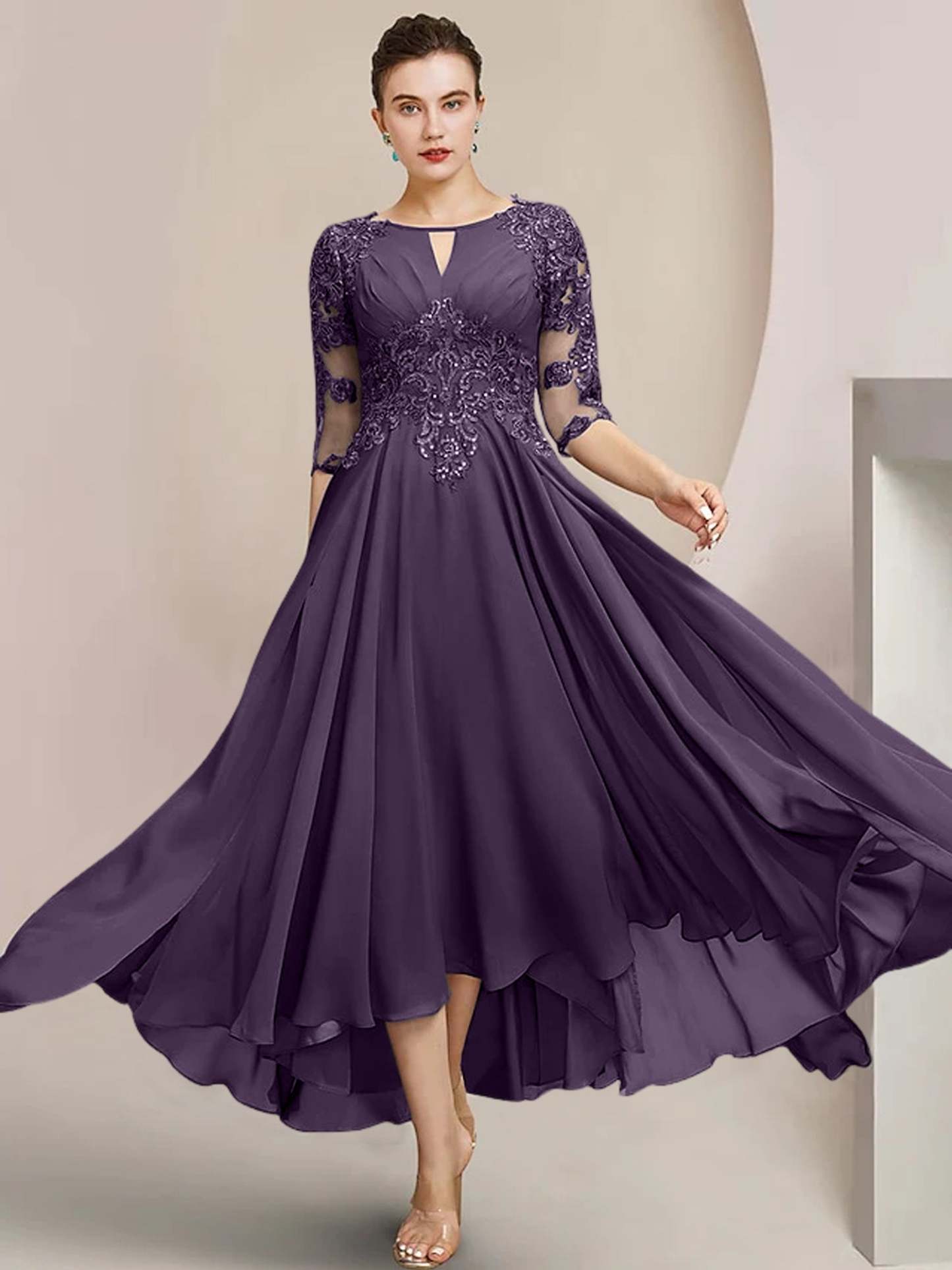 Scoop Neck Tea-Length A-Line Mother of the Bride Princess Dress