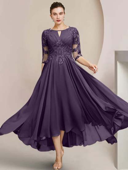 Scoop Neck Tea-Length A-Line Mother of the Bride Princess Dress