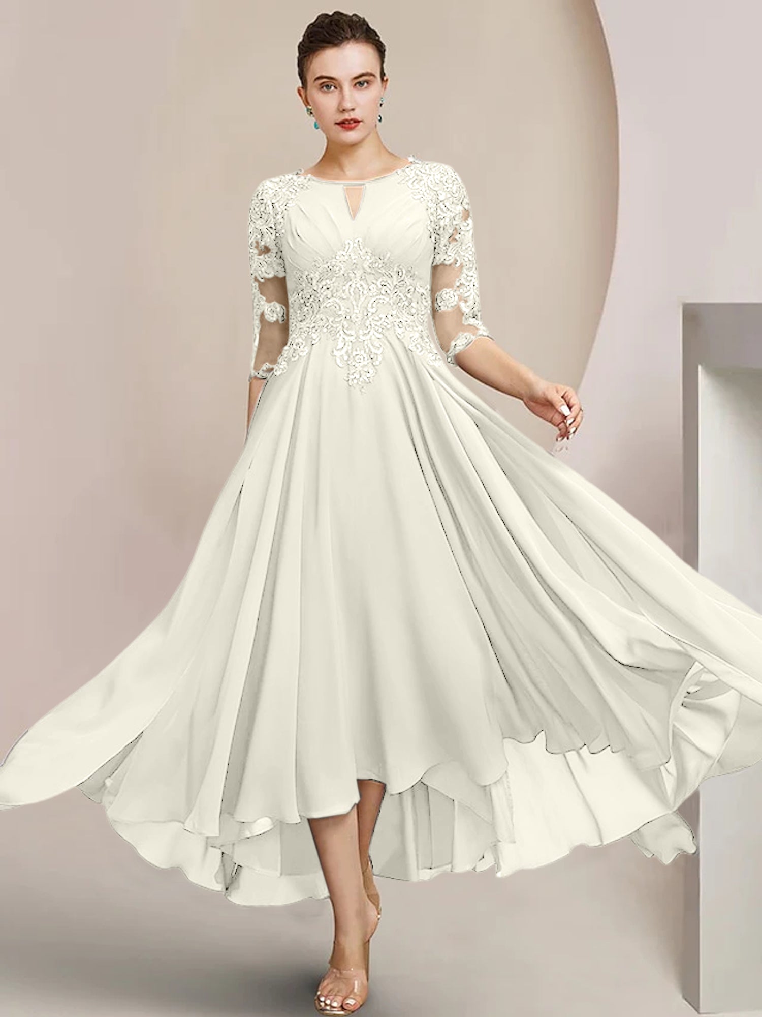 Scoop Neck Tea-Length A-Line Mother of the Bride Princess Dress