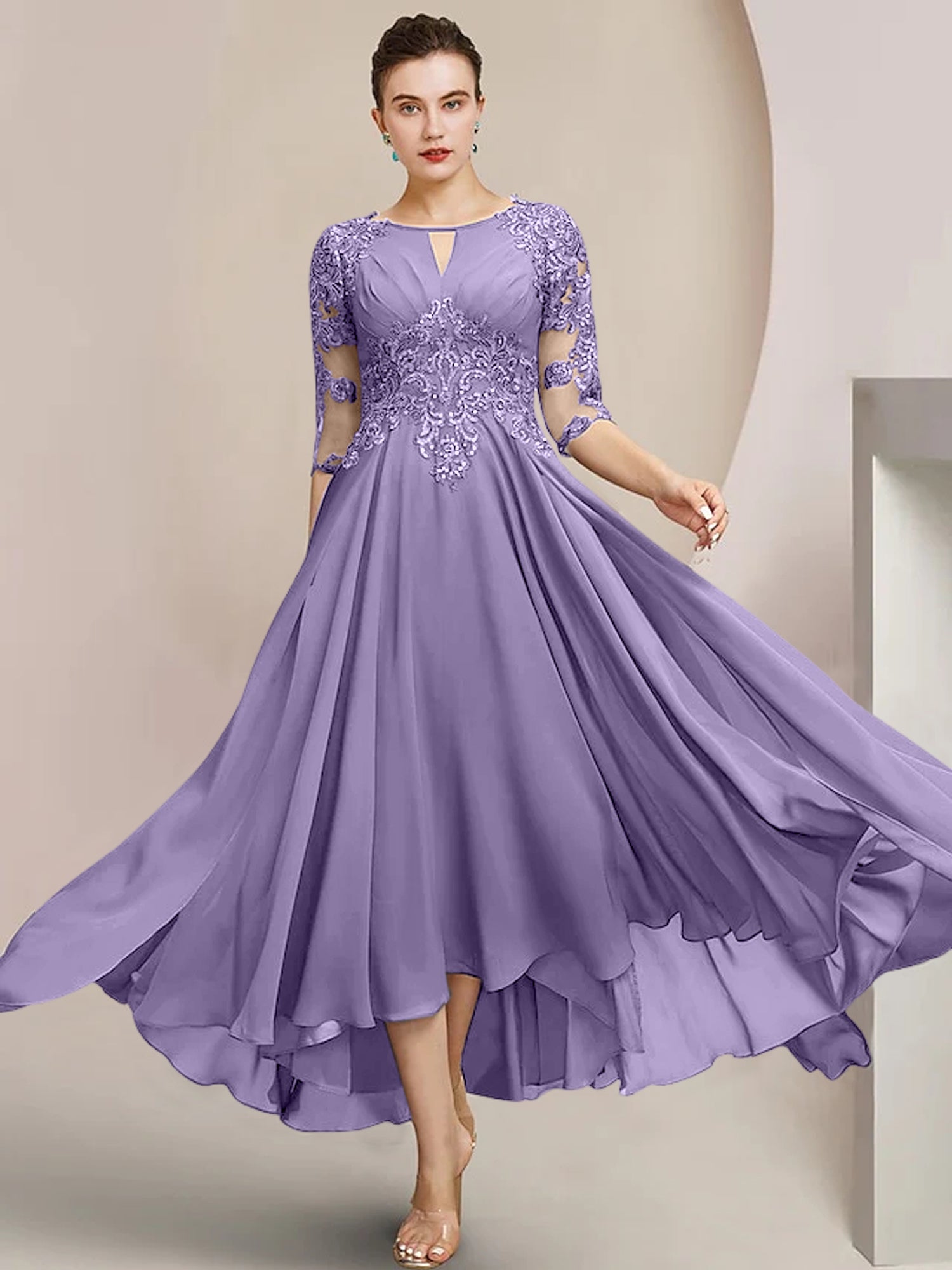 Scoop Neck Tea-Length A-Line Mother of the Bride Princess Dress