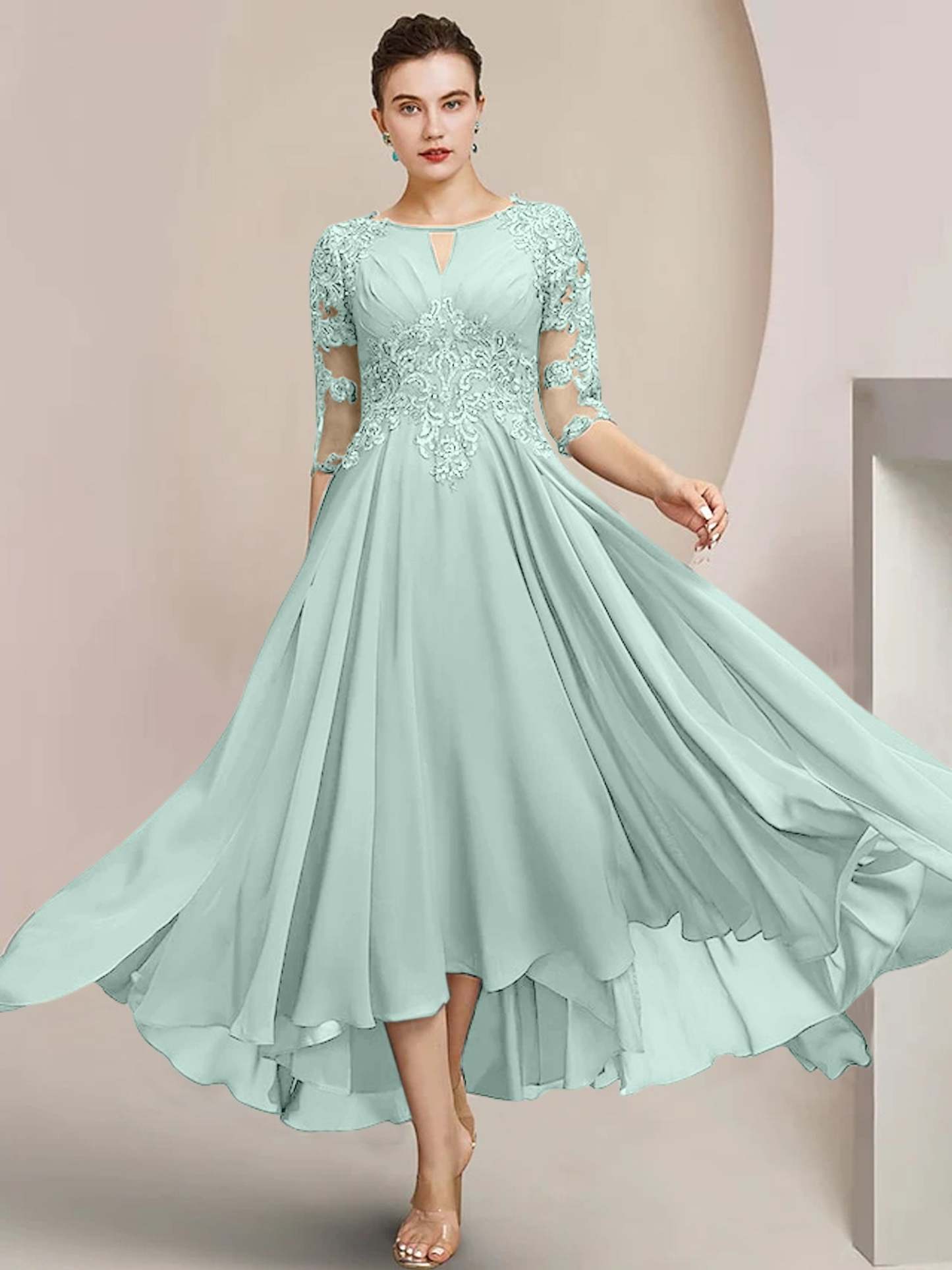 Scoop Neck Tea-Length A-Line Mother of the Bride Princess Dress