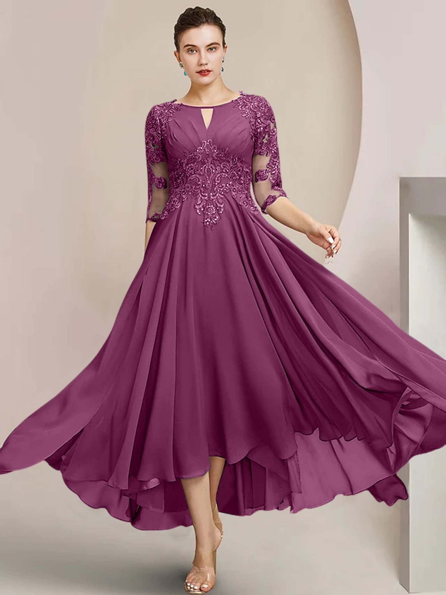 Scoop Neck Tea-Length A-Line Mother of the Bride Princess Dress