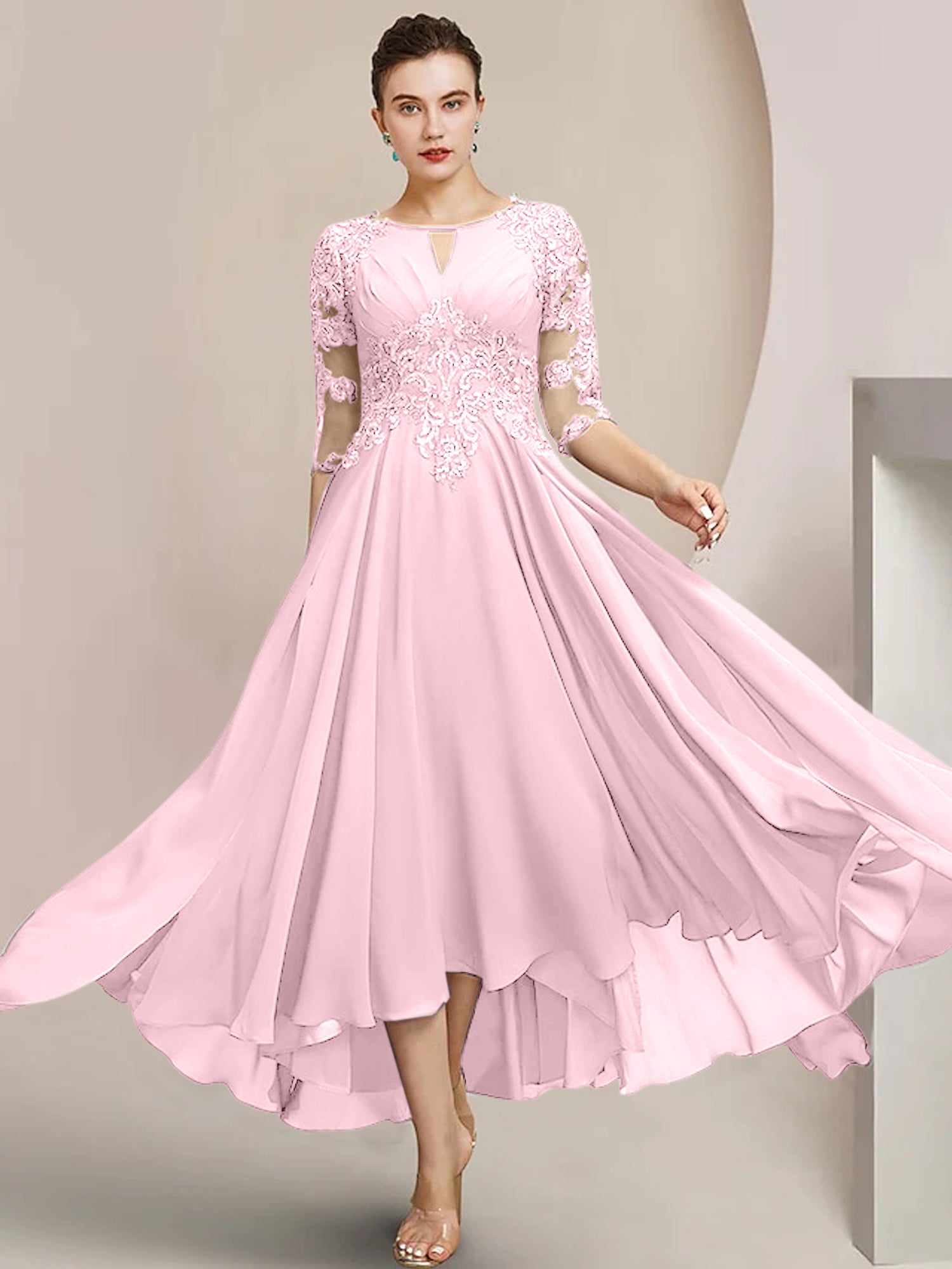 Scoop Neck Tea-Length A-Line Mother of the Bride Princess Dress