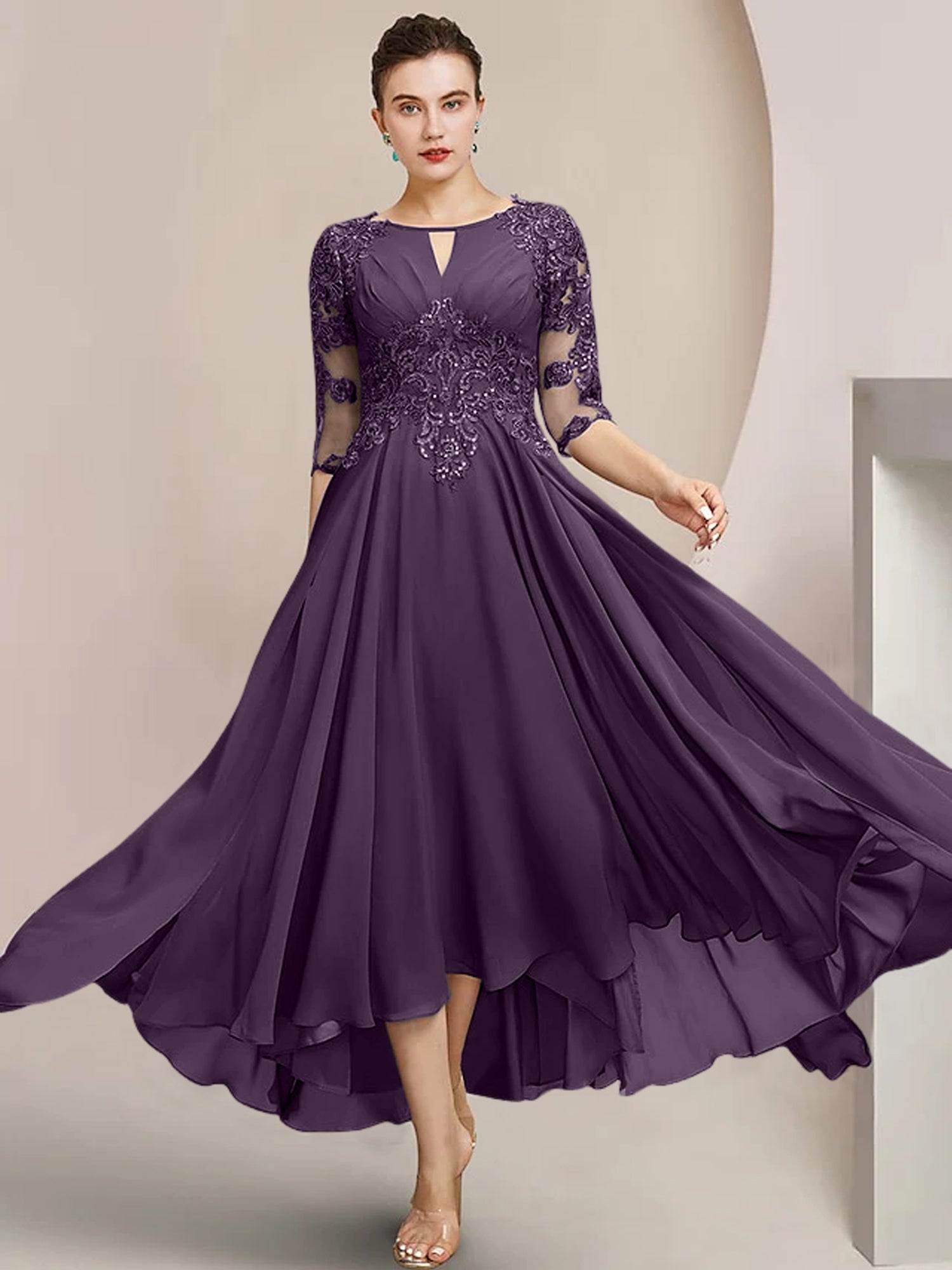 Scoop Neck Tea-Length A-Line Mother of the Bride Princess Dress
