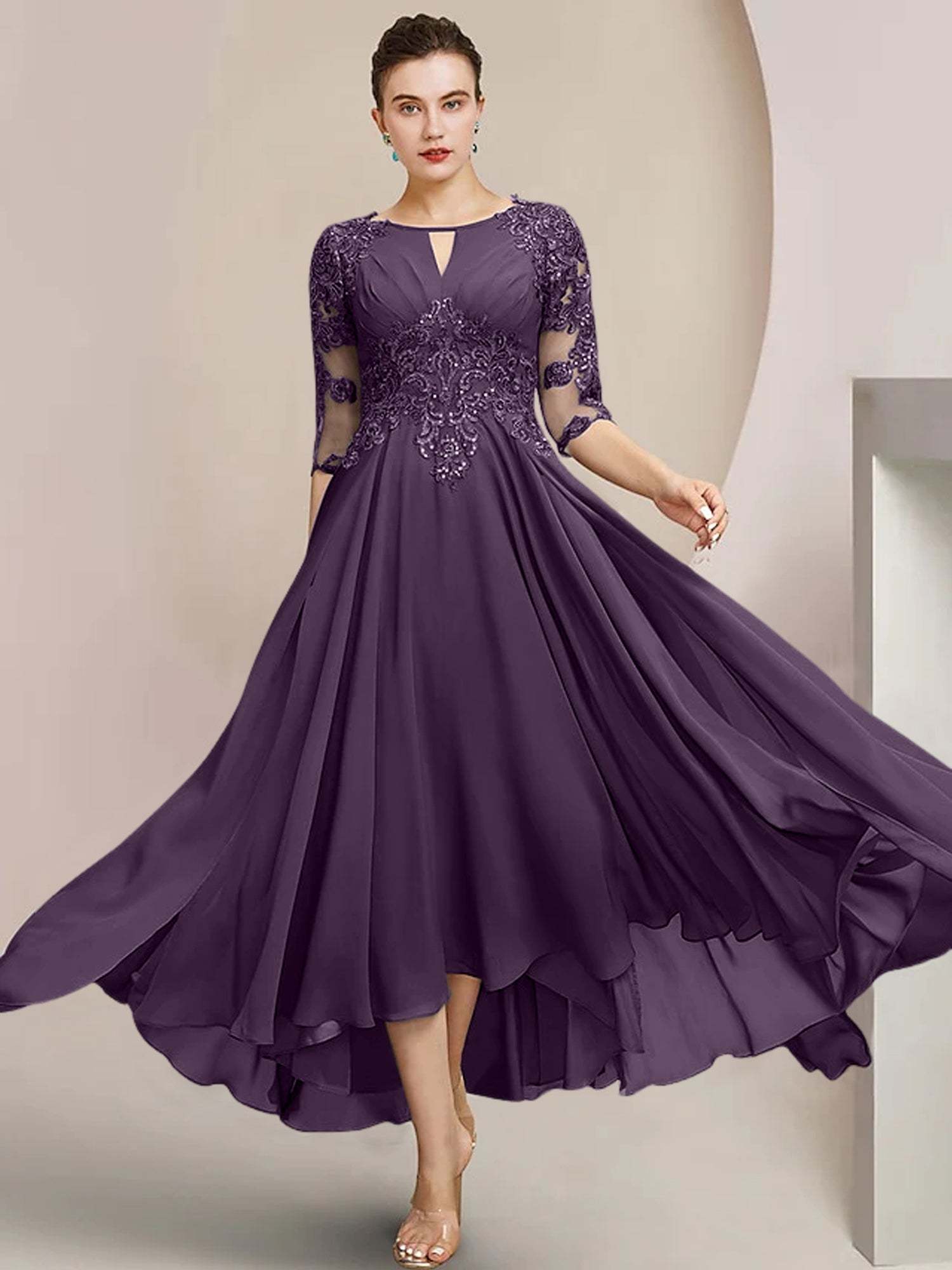 Scoop Neck Tea-Length A-Line Mother of the Bride Princess Dress