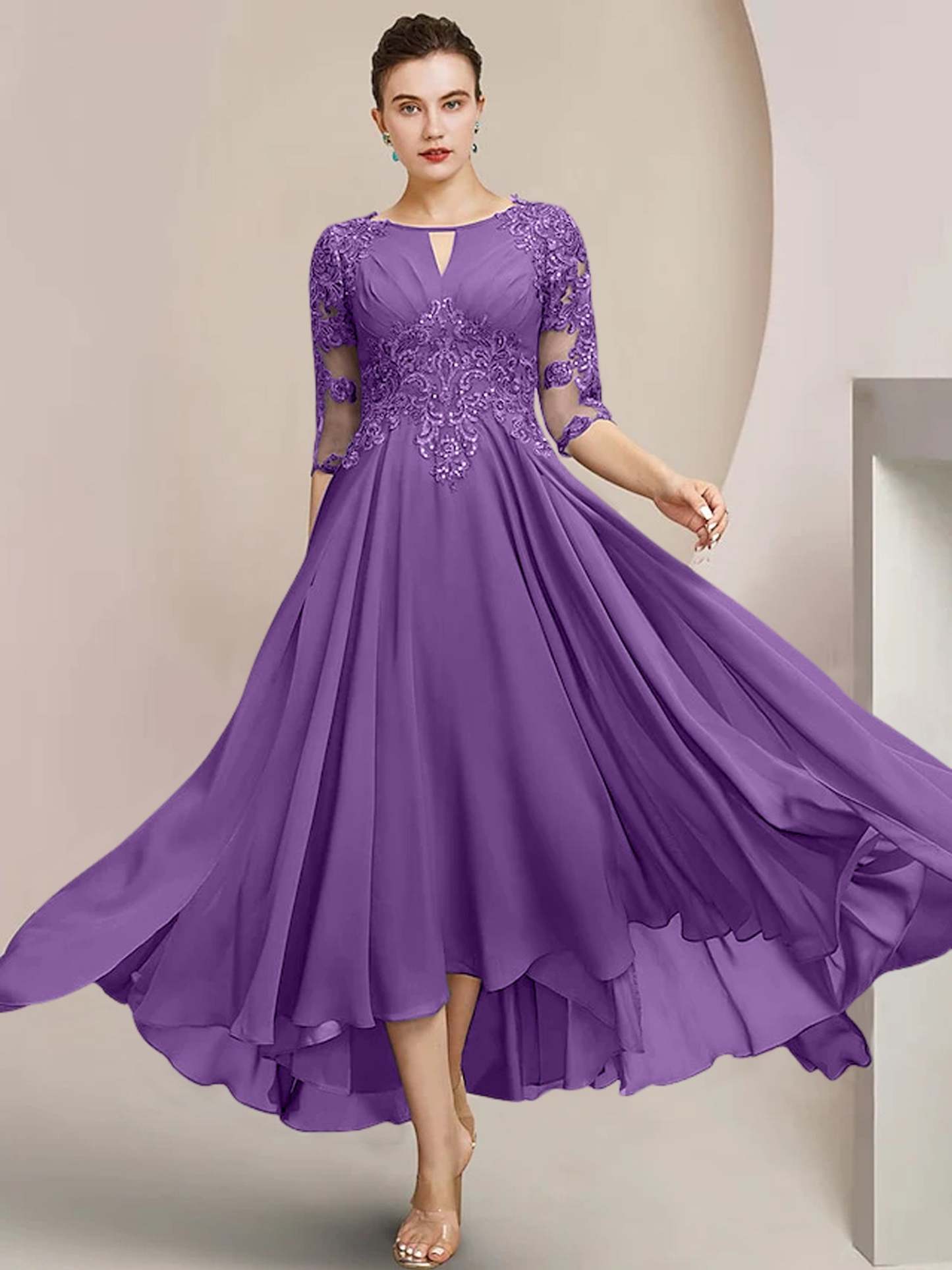 Scoop Neck Tea-Length A-Line Mother of the Bride Princess Dress