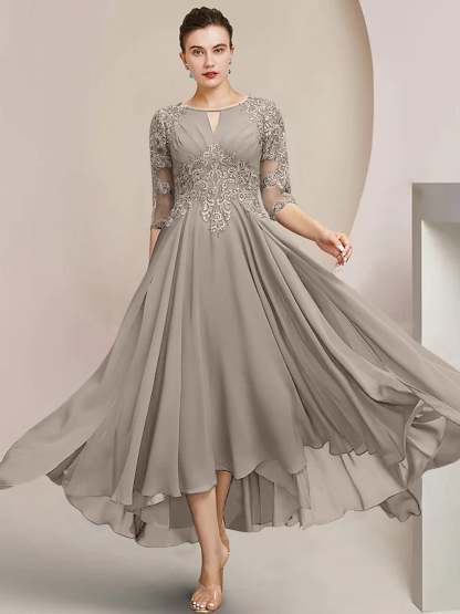 Scoop Neck Tea-Length A-Line Mother of the Bride Princess Dress