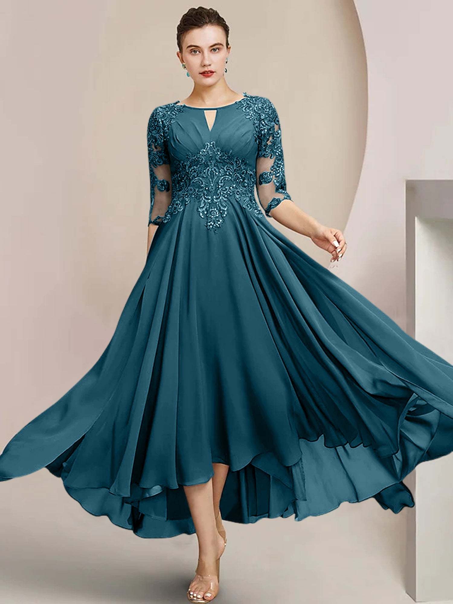 Scoop Neck Tea-Length A-Line Mother of the Bride Princess Dress