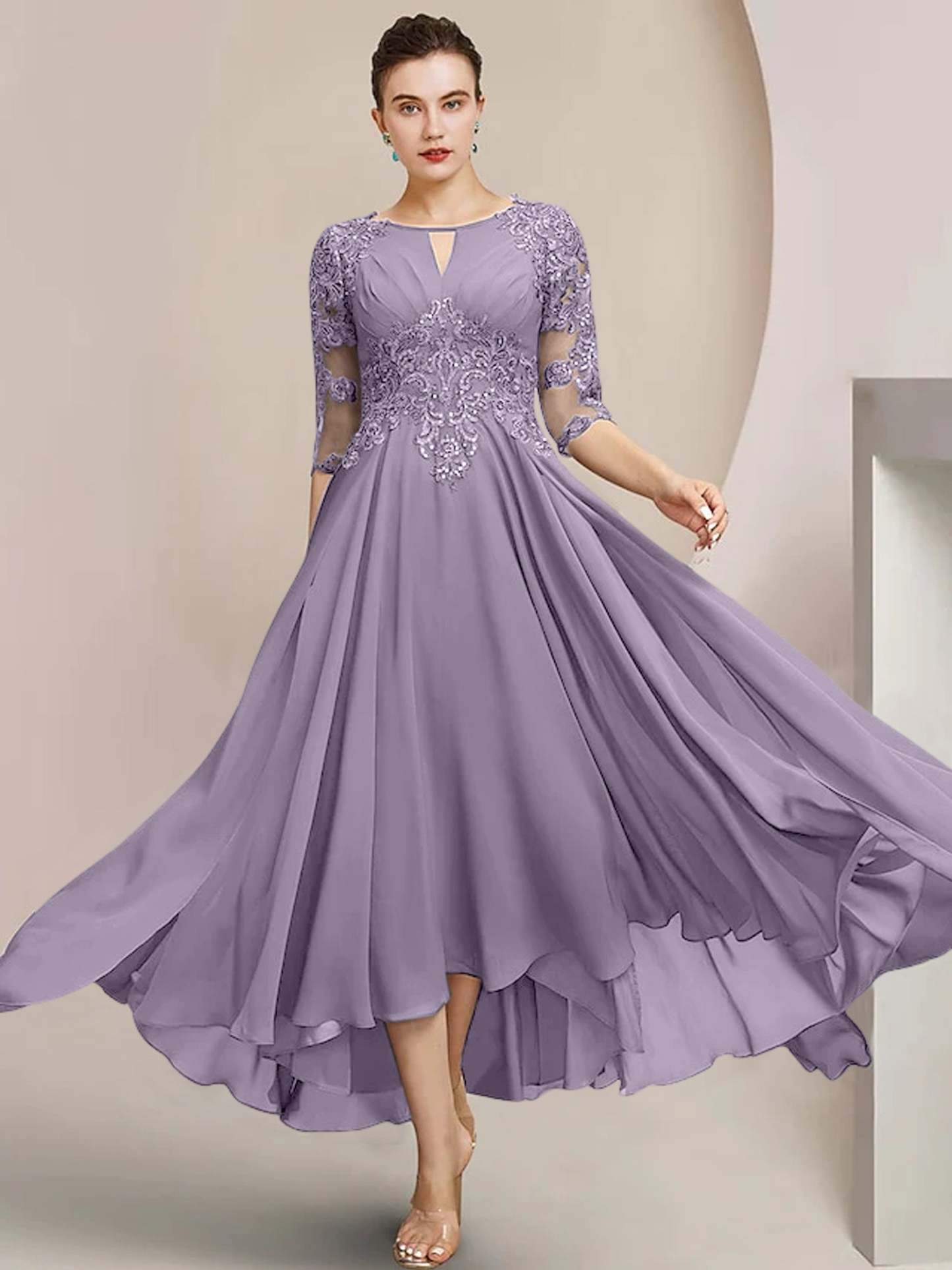 Scoop Neck Tea-Length A-Line Mother of the Bride Princess Dress