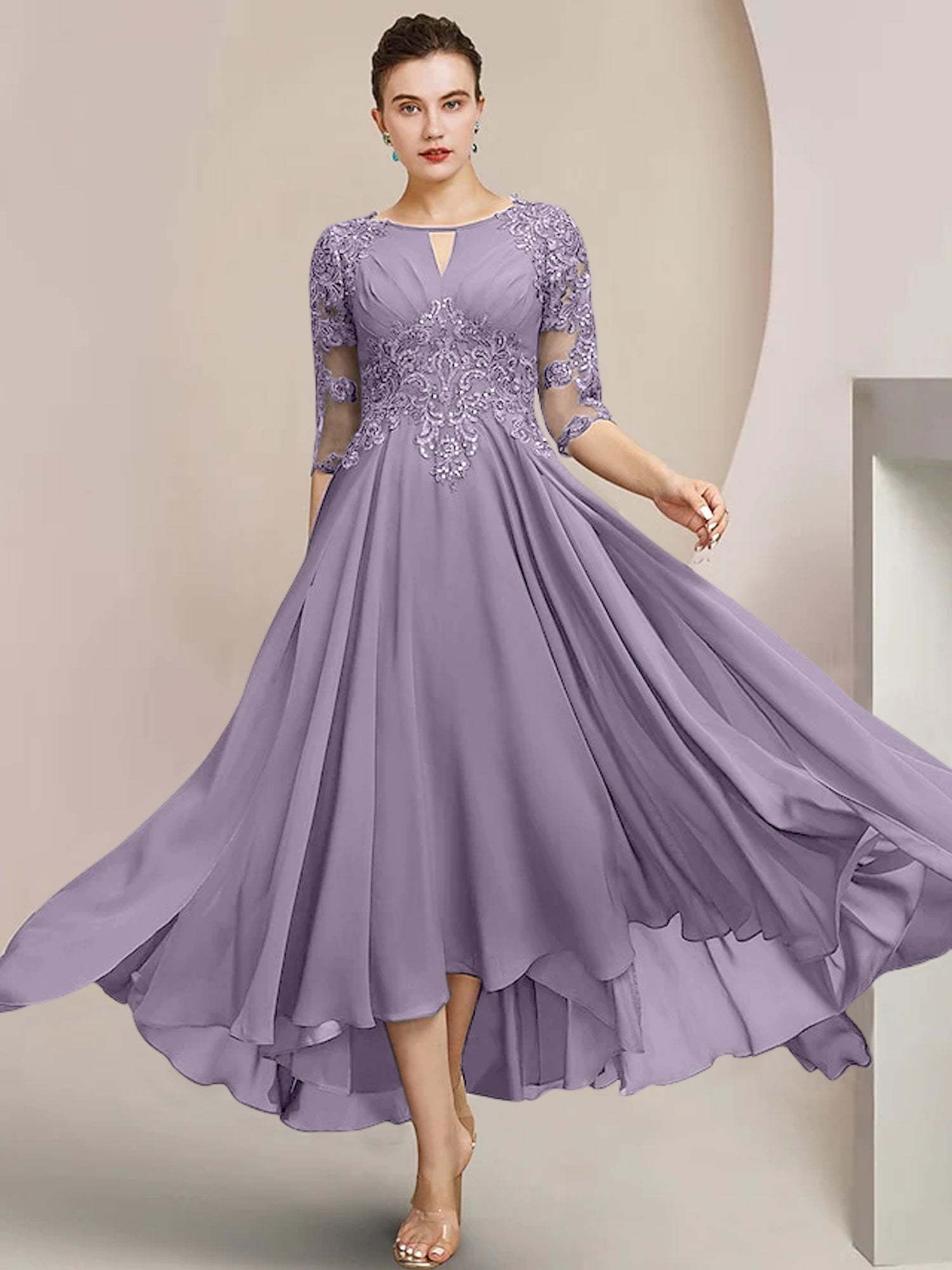 Scoop Neck Tea-Length A-Line Mother of the Bride Princess Dress