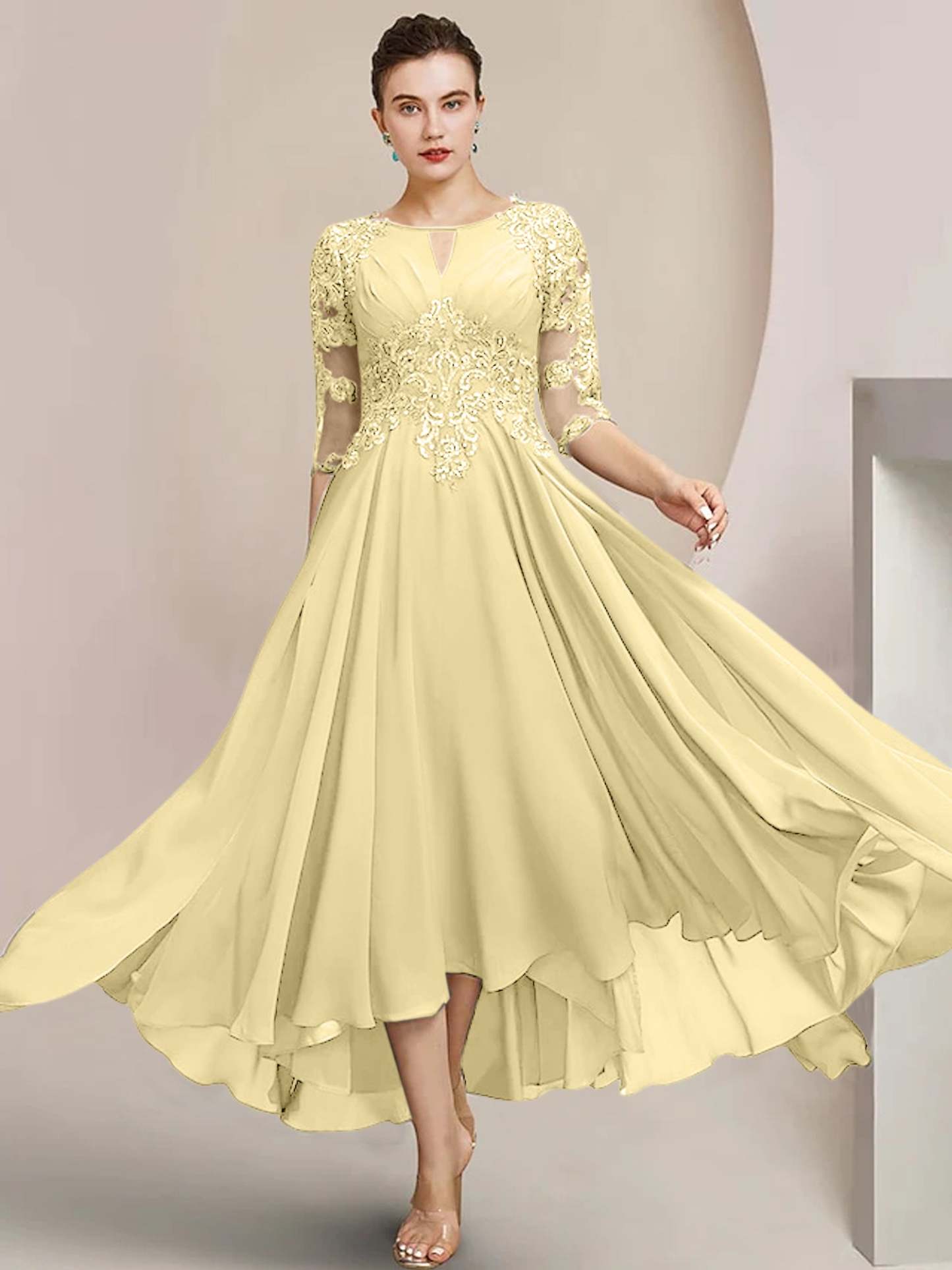Scoop Neck Tea-Length A-Line Mother of the Bride Princess Dress