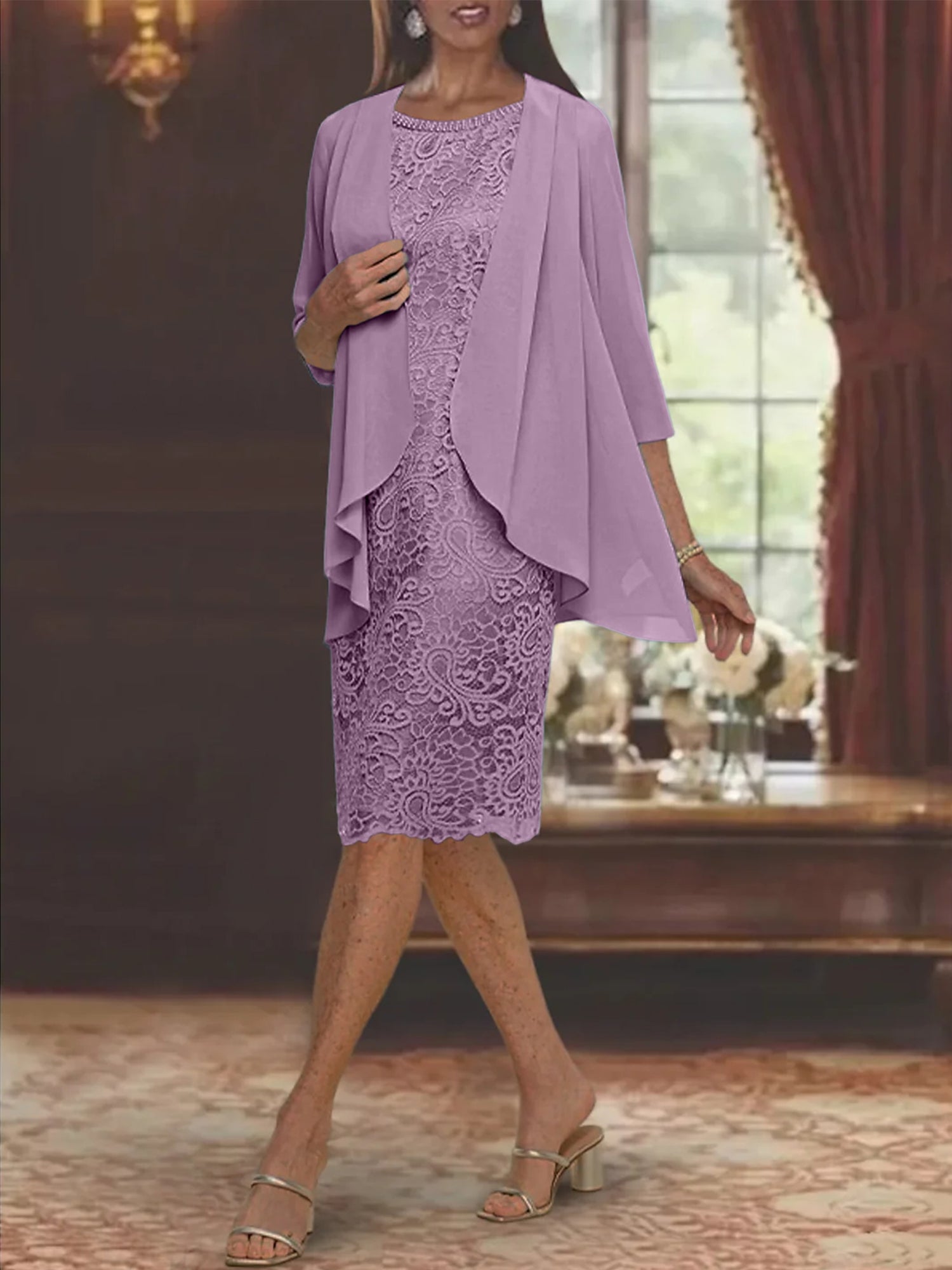 Tea-Length Mother of the Bride Sheath/Column Jewel Neck Dresses