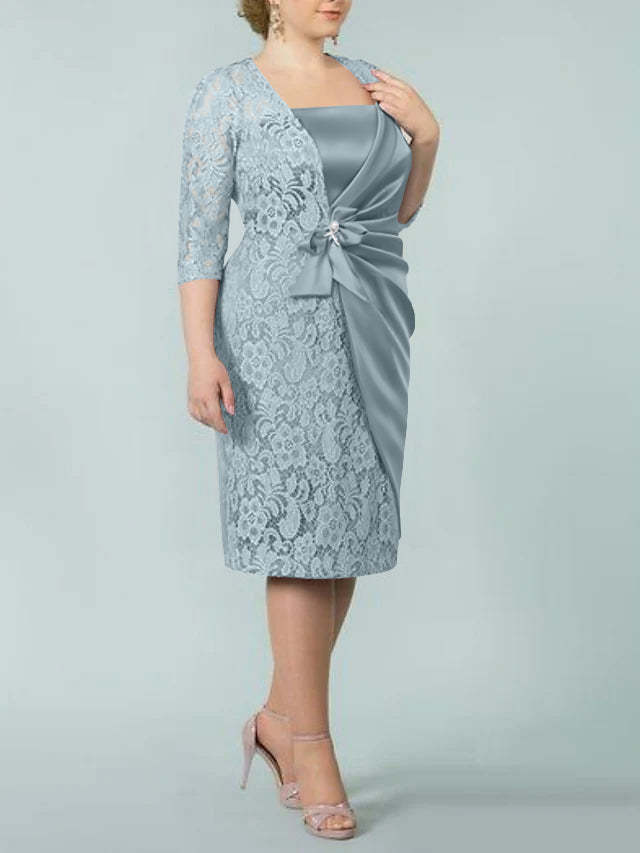 Square Neck Tea-Length Sheath/Column Dresses for the Mother of the Bride