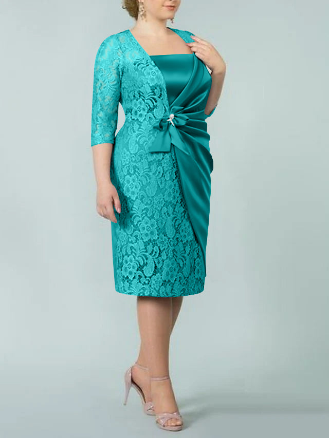 Square Neck Tea-Length Sheath/Column Dresses for the Mother of the Bride
