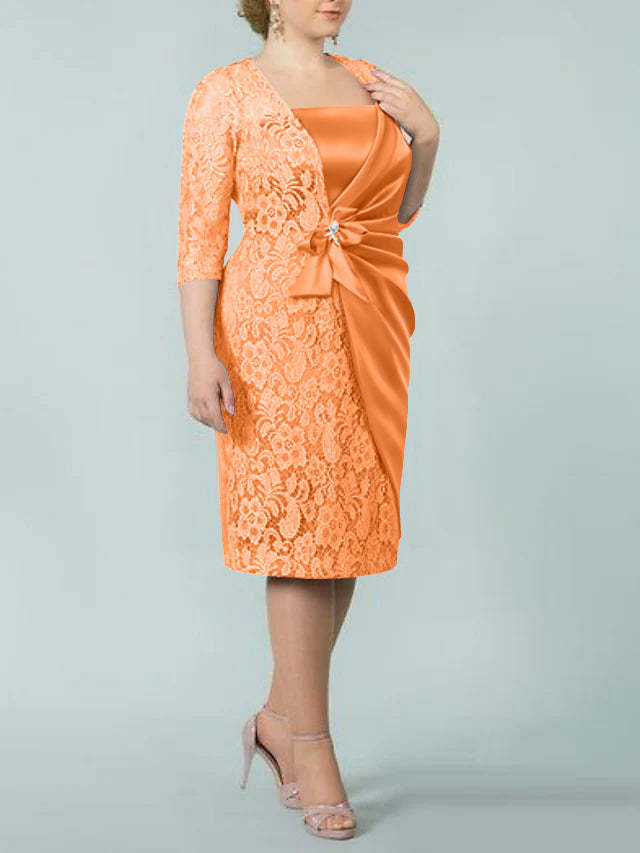 Square Neck Tea-Length Sheath/Column Dresses for the Mother of the Bride