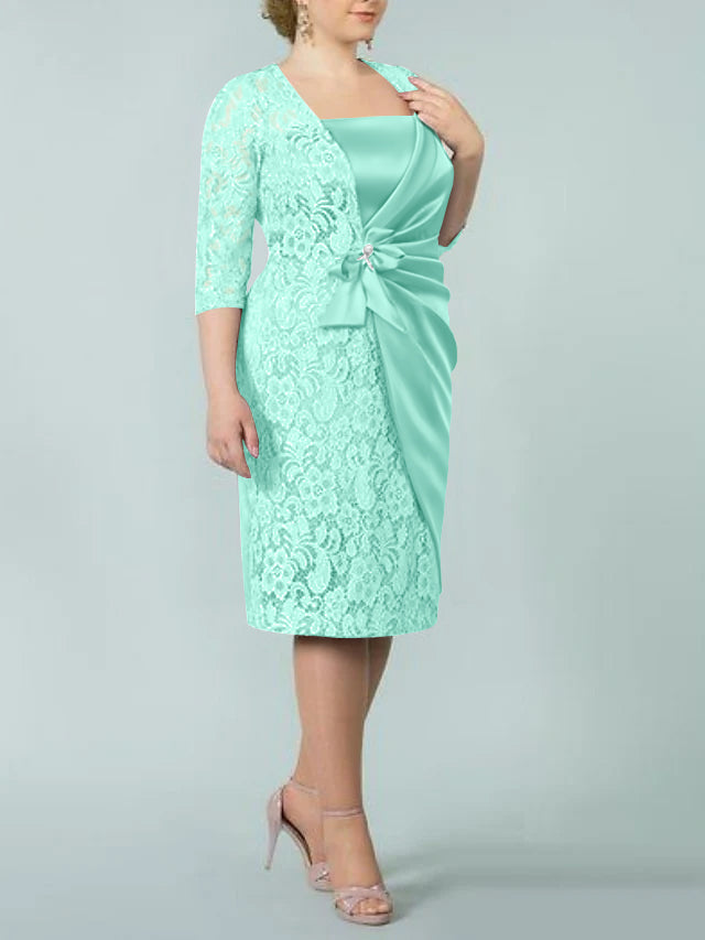 Square Neck Tea-Length Sheath/Column Dresses for the Mother of the Bride